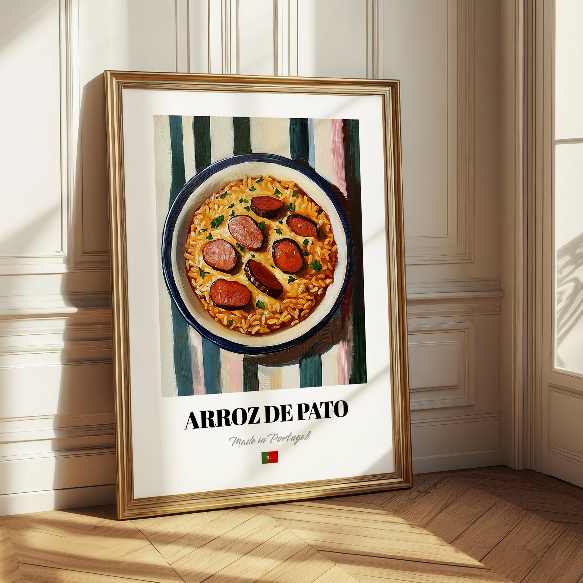 Arroz de Pato – on Striped Tablecloth, Portuguese Food Art