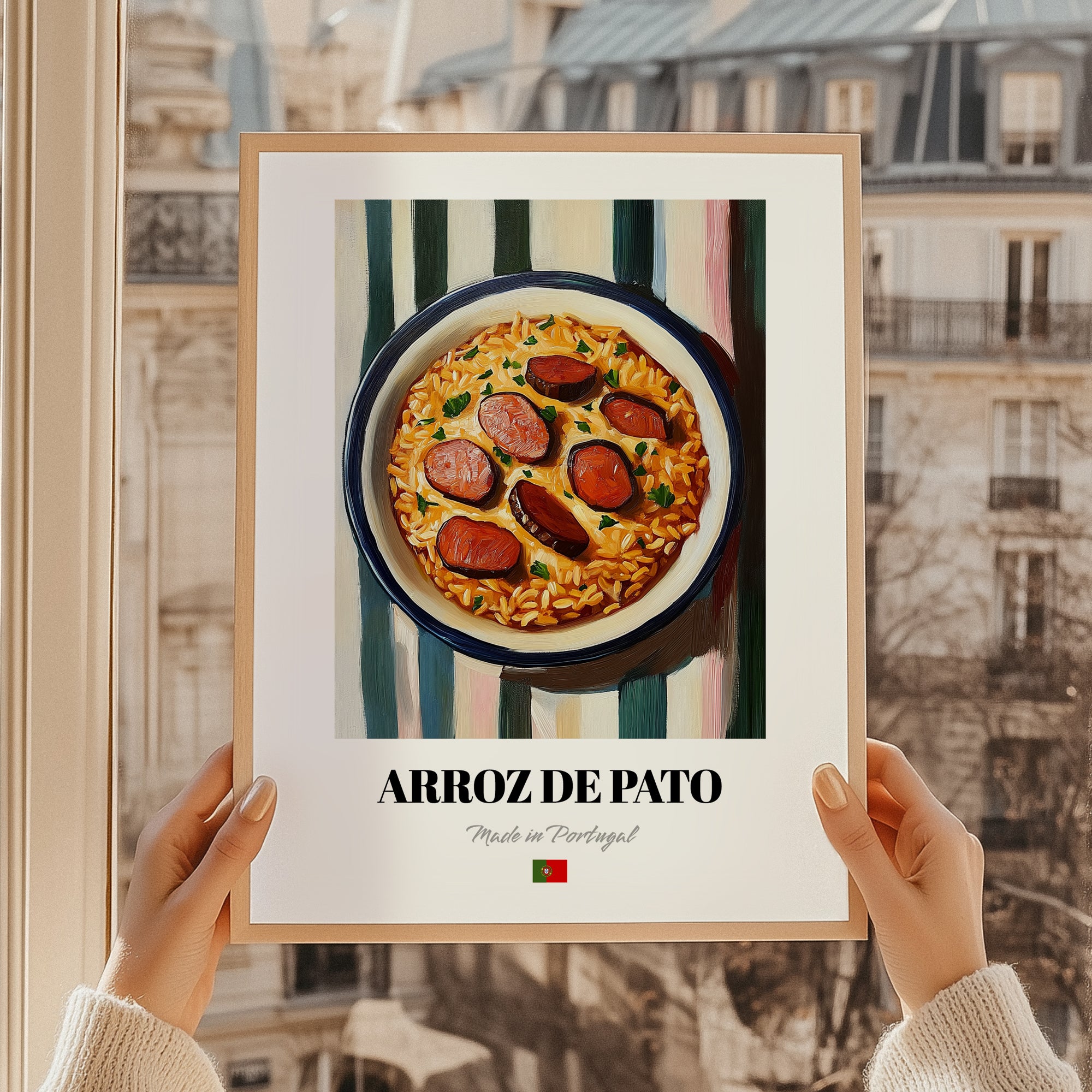 Arroz de Pato – on Striped Tablecloth, Portuguese Food Art, styled in a charming Paris street view