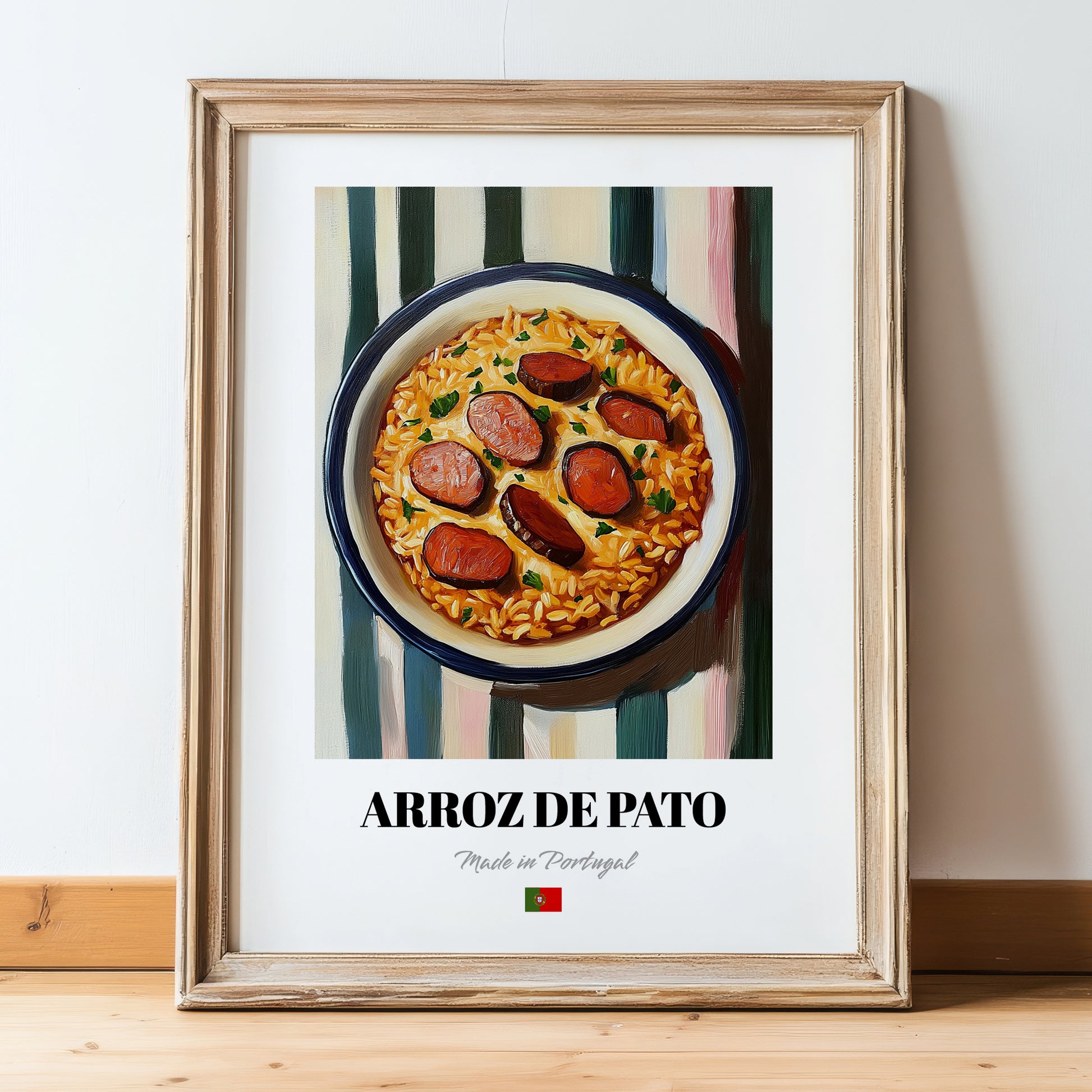 Arroz de Pato – on Striped Tablecloth, Portuguese Food Art, in wooden frame leaning on the floor