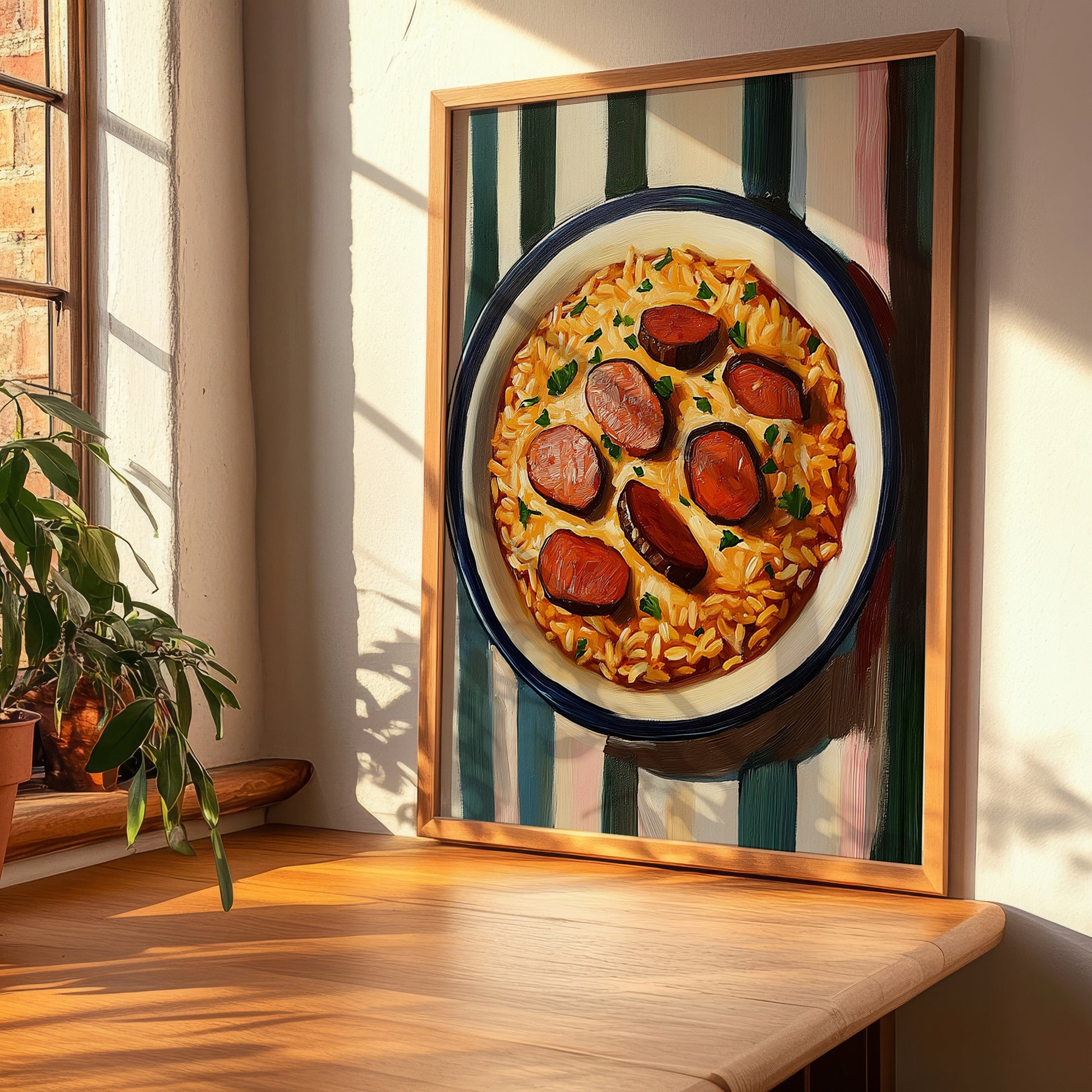 Arroz de Pato – on Striped Tablecloth, Portuguese Food Art, clean layout with no caption
