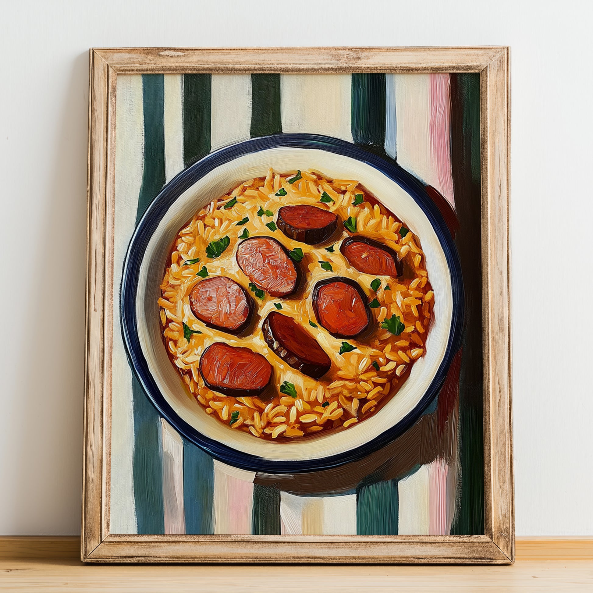Arroz de Pato – on Striped Tablecloth, Portuguese Food Art, no-text version framed in wood