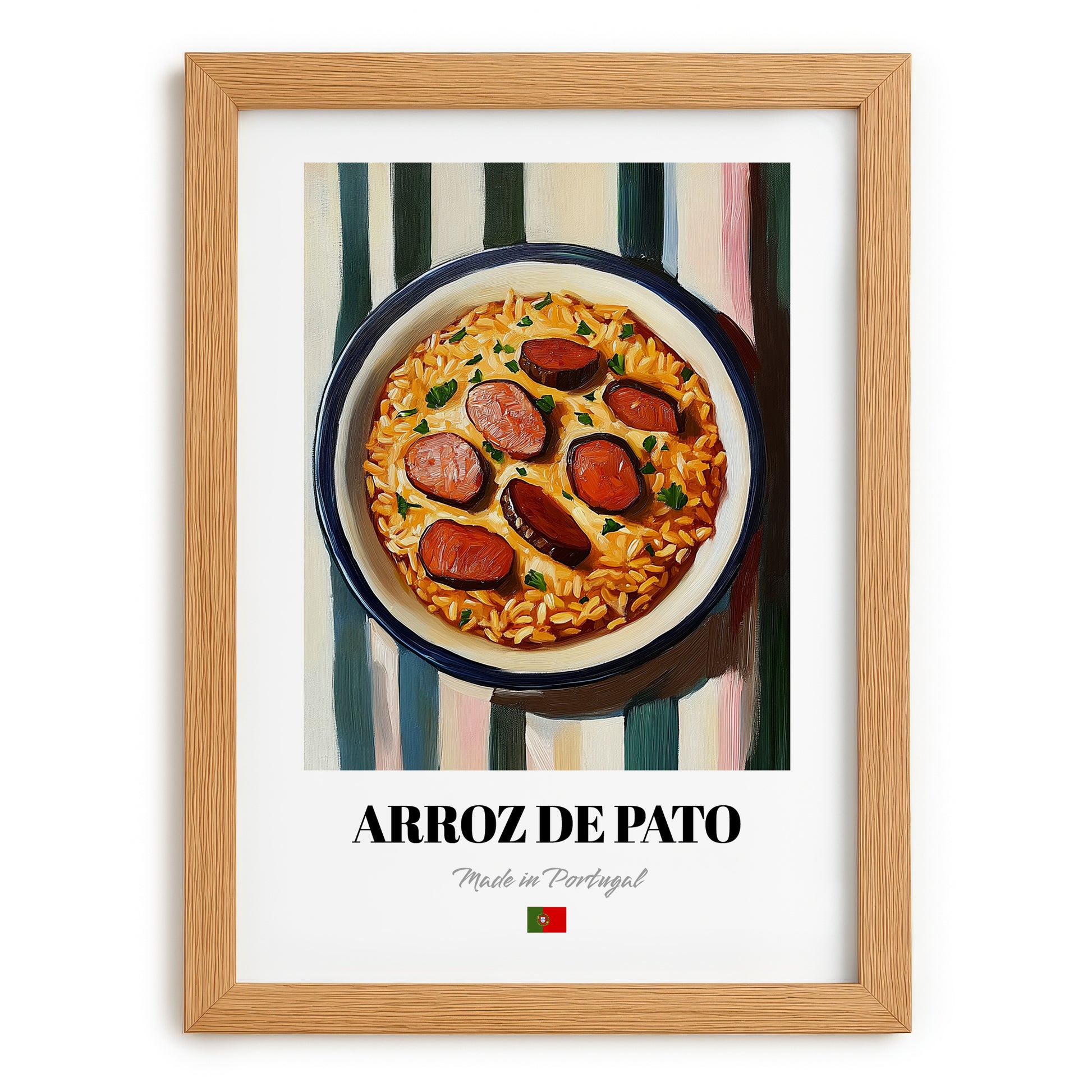 Arroz de Pato – on Striped Tablecloth, Portuguese Food Art, set in oak frame