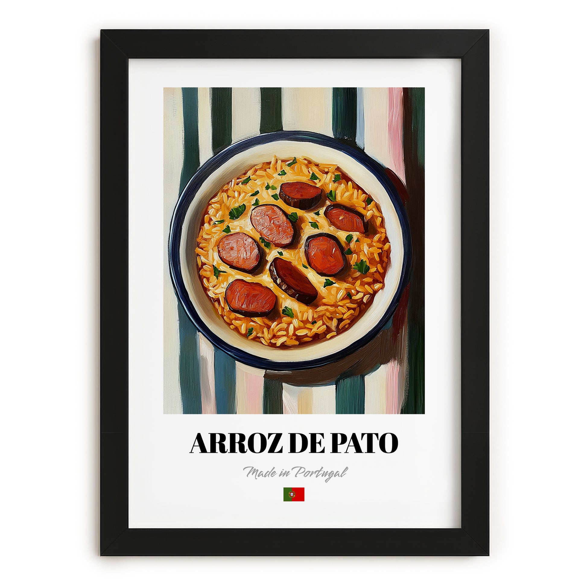 Arroz de Pato – on Striped Tablecloth, Portuguese Food Art, in sleek black frame