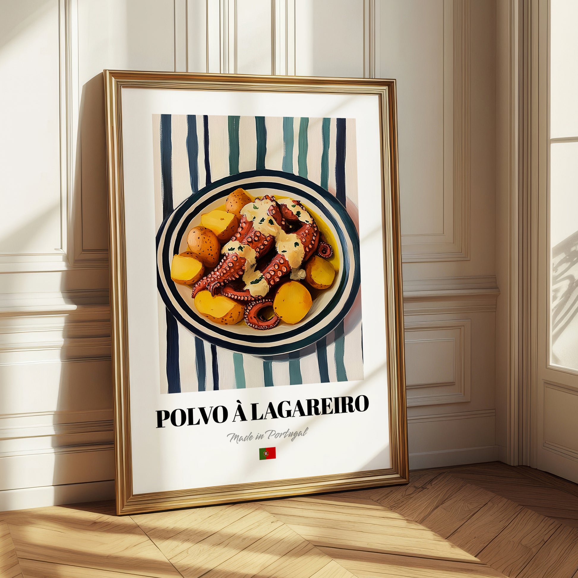 Polvo à Lagareiro – on Striped Tablecloth, Portuguese Food Still Life
