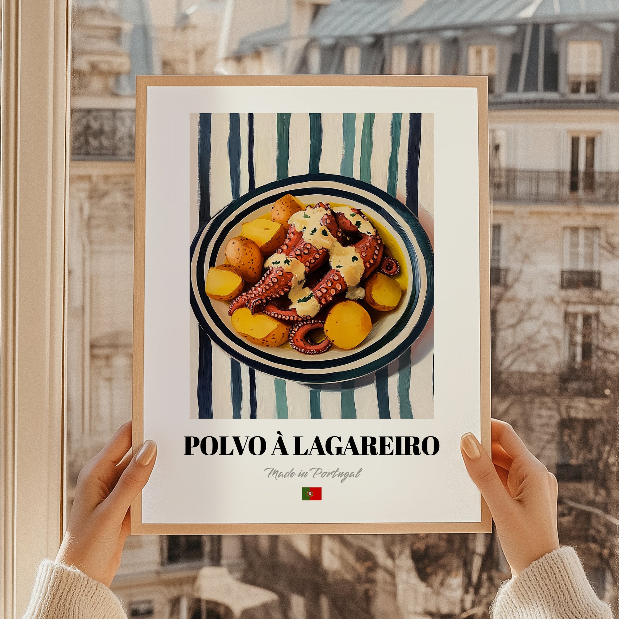 Polvo à Lagareiro – on Striped Tablecloth, Portuguese Food Still Life, styled in a charming Paris street view