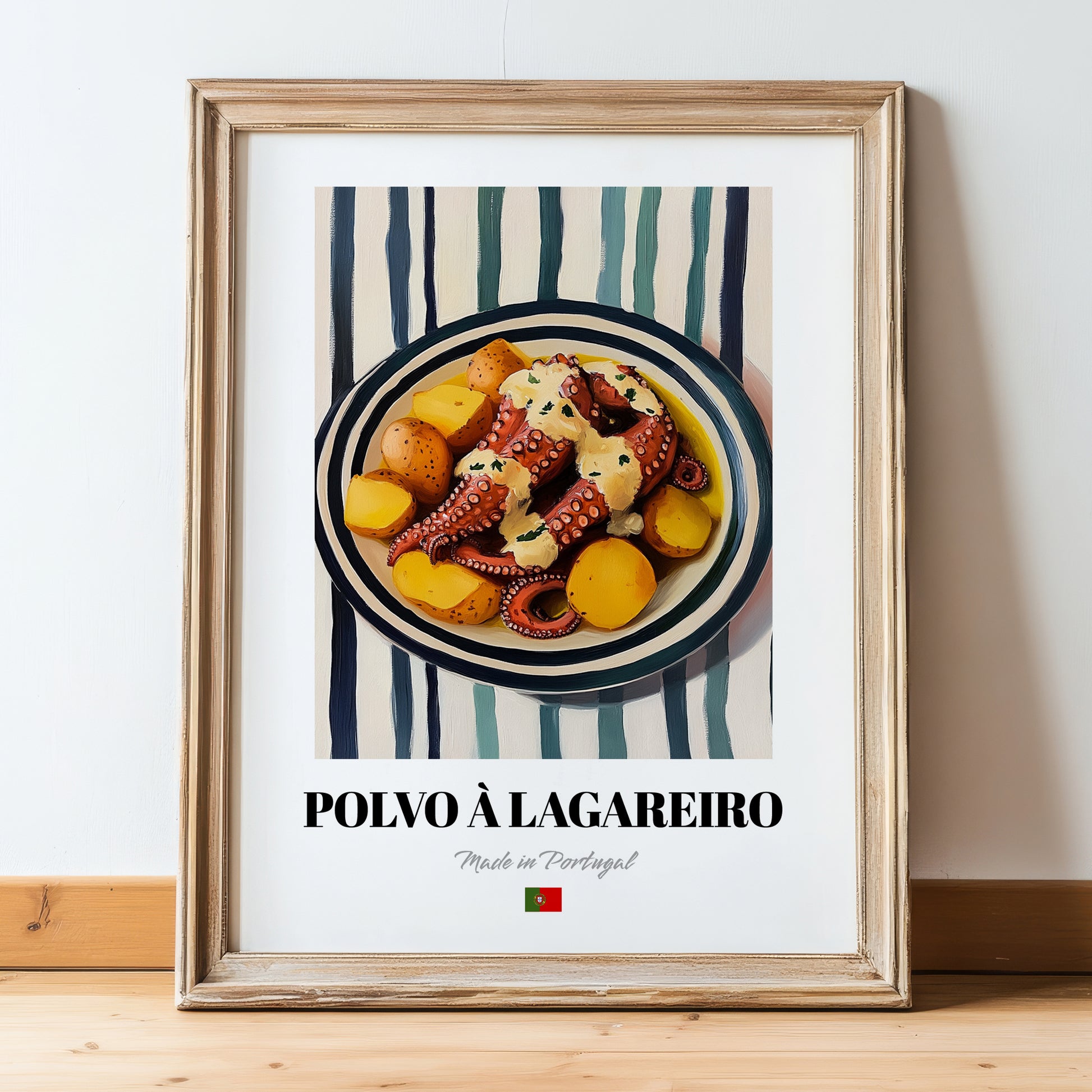 Polvo à Lagareiro – on Striped Tablecloth, Portuguese Food Still Life, in wooden frame leaning on the floor