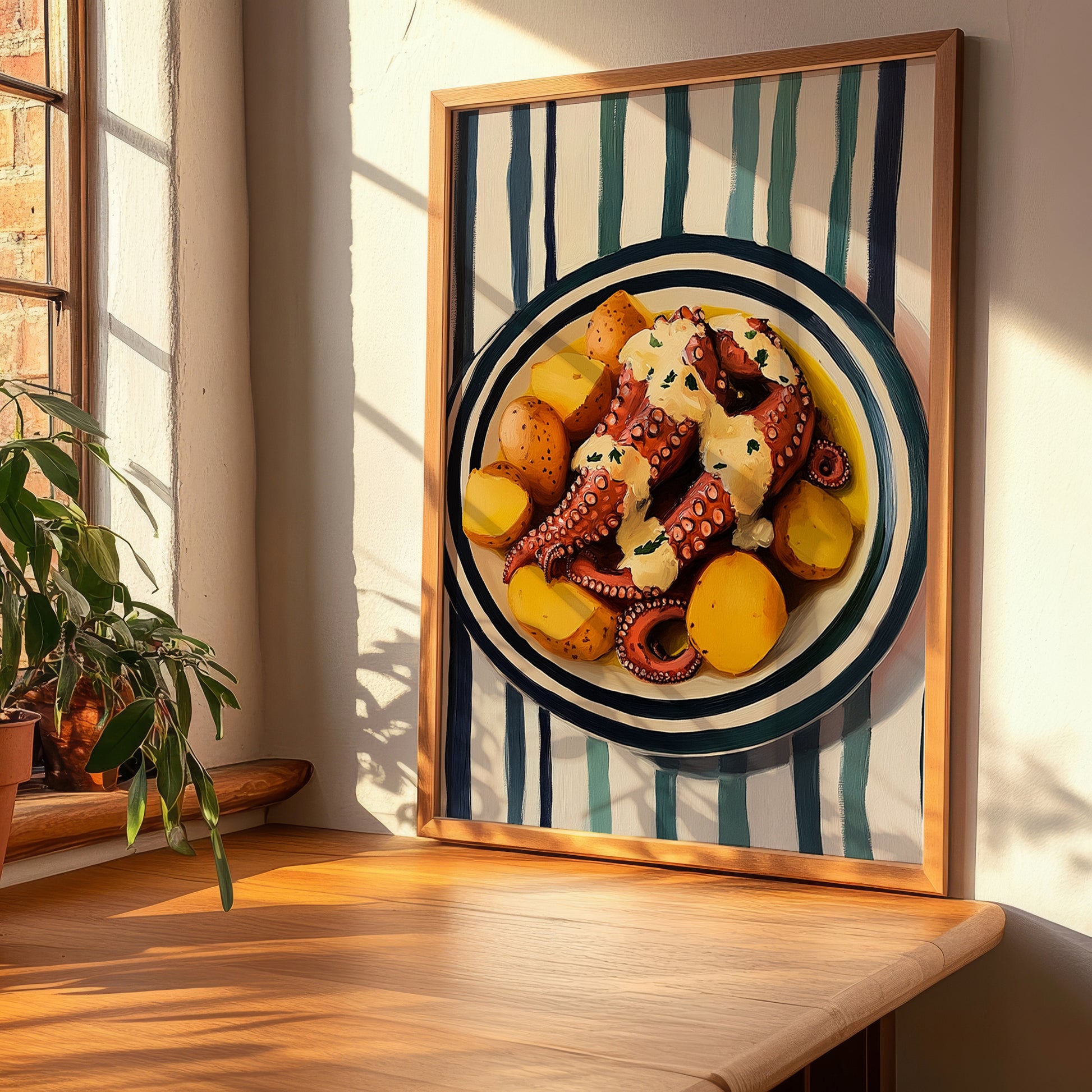 Polvo à Lagareiro – on Striped Tablecloth, Portuguese Food Still Life, clean layout with no caption