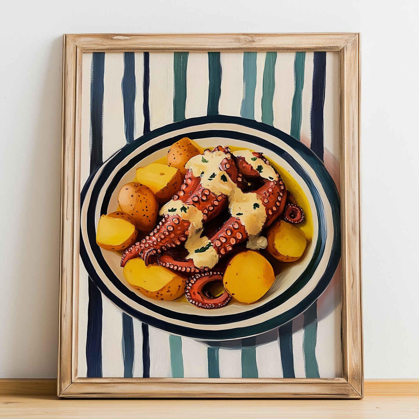 Polvo à Lagareiro – on Striped Tablecloth, Portuguese Food Still Life, no-text version framed in wood