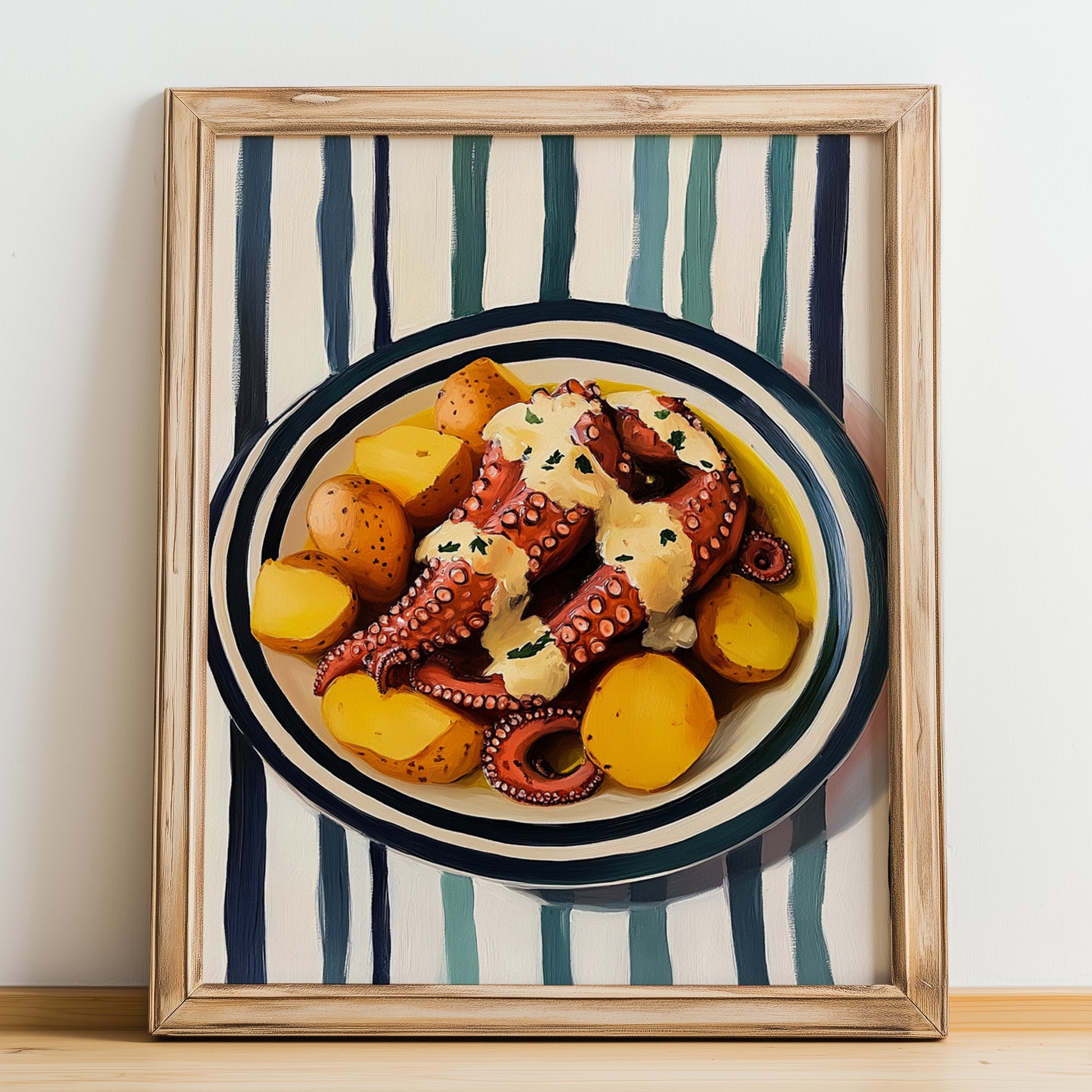Polvo à Lagareiro – on Striped Tablecloth, Portuguese Food Still Life, no-text version framed in wood