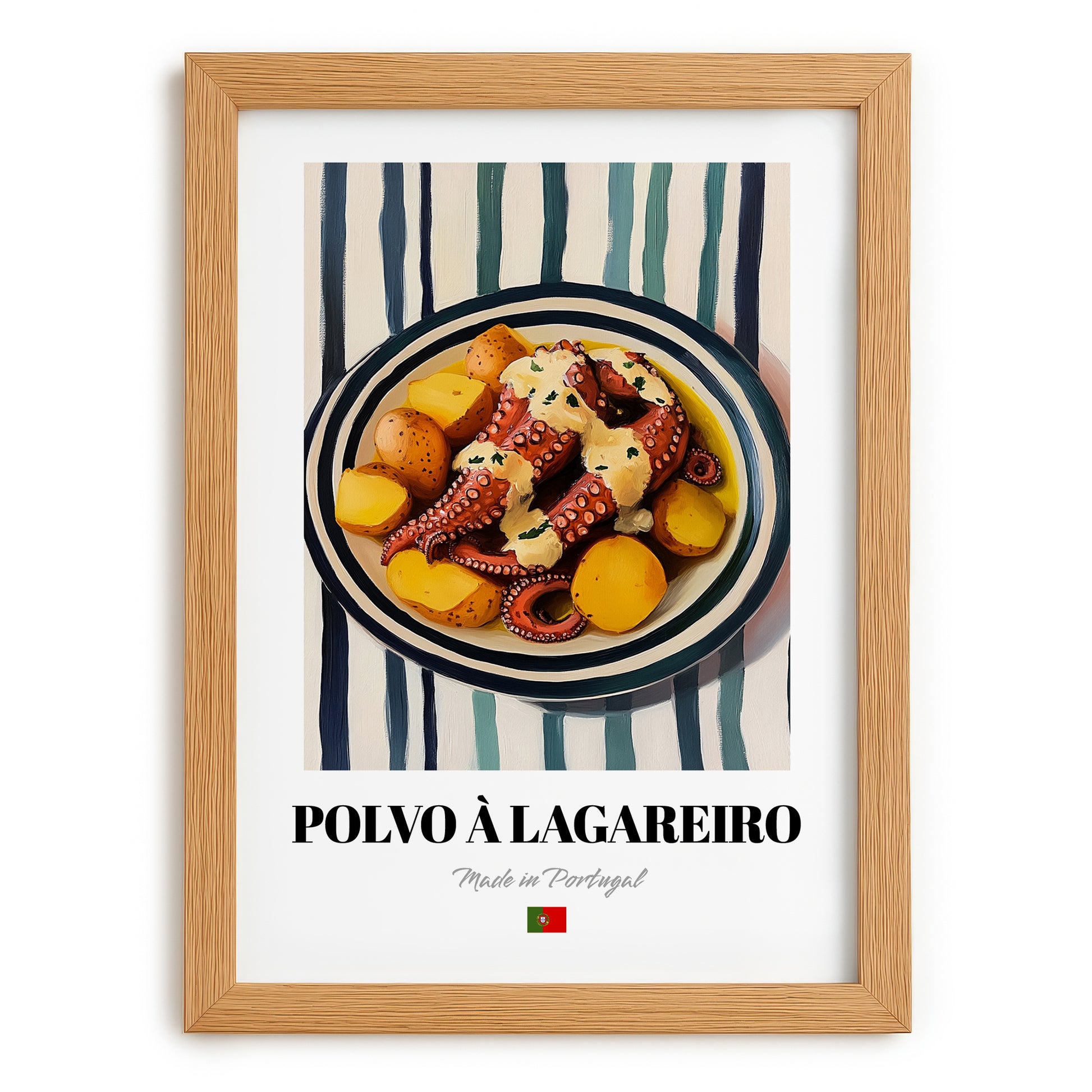 Polvo à Lagareiro – on Striped Tablecloth, Portuguese Food Still Life, set in oak frame