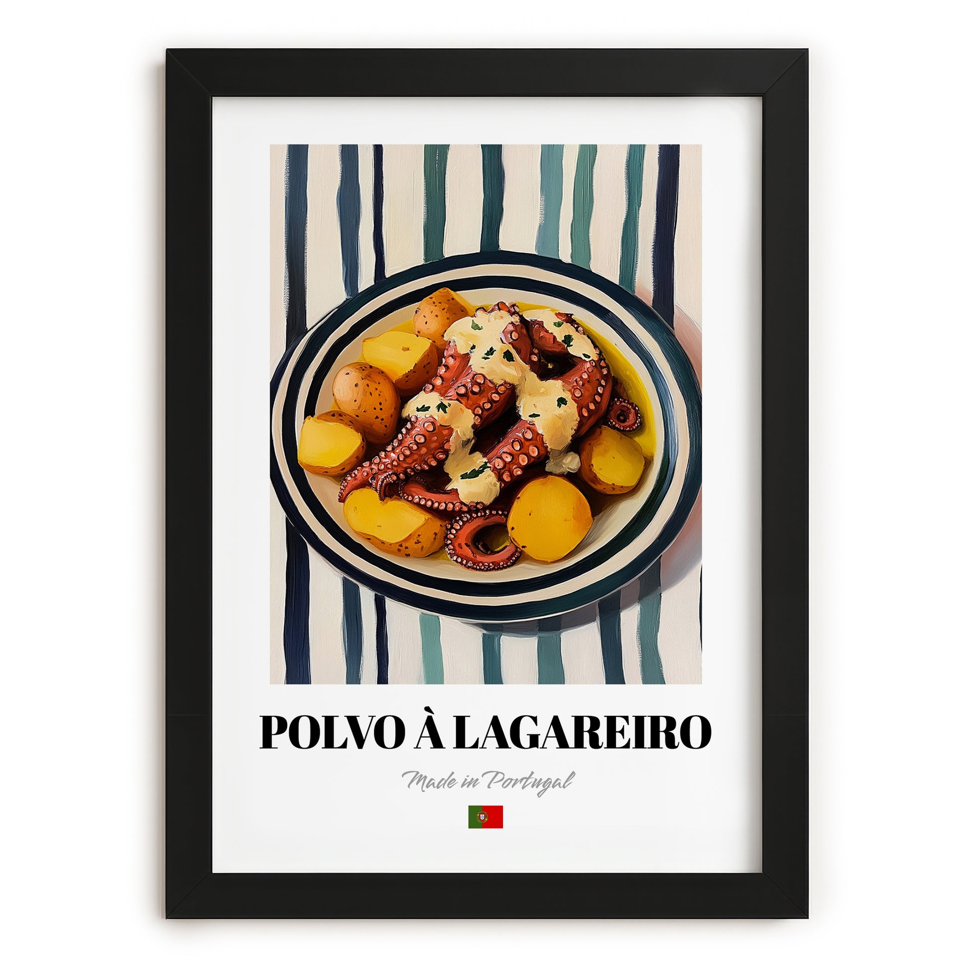 Polvo à Lagareiro – on Striped Tablecloth, Portuguese Food Still Life, in sleek black frame