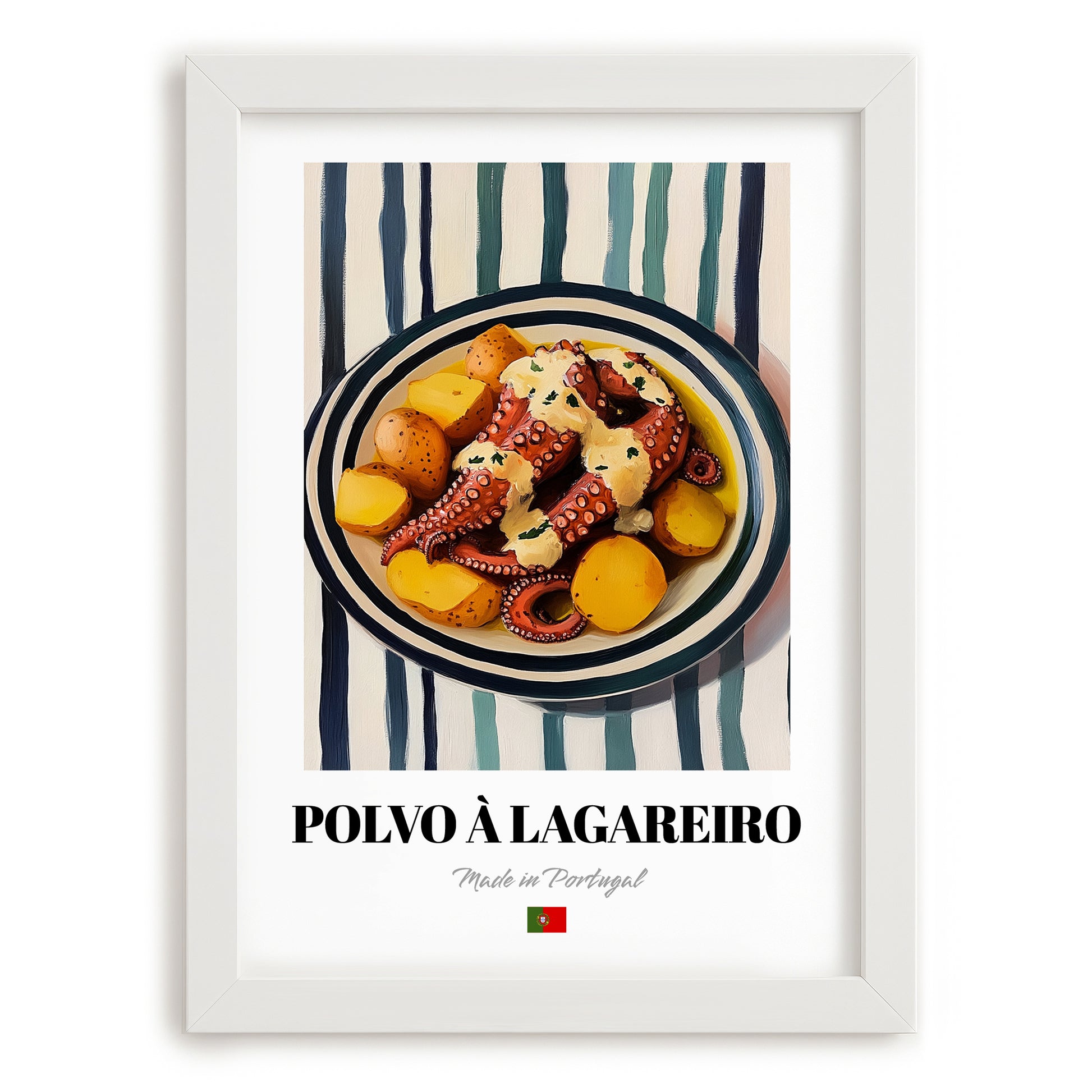 Polvo à Lagareiro – on Striped Tablecloth, Portuguese Food Still Life, placed in minimal white frame
