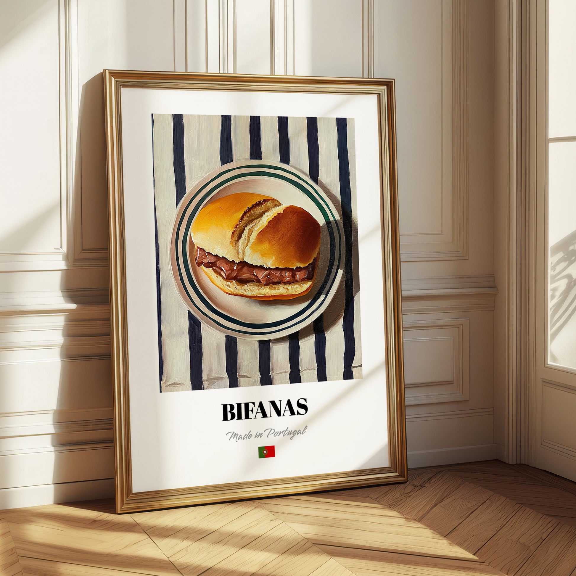 Bifanas – on Striped Tablecloth, Portuguese Food Illustration