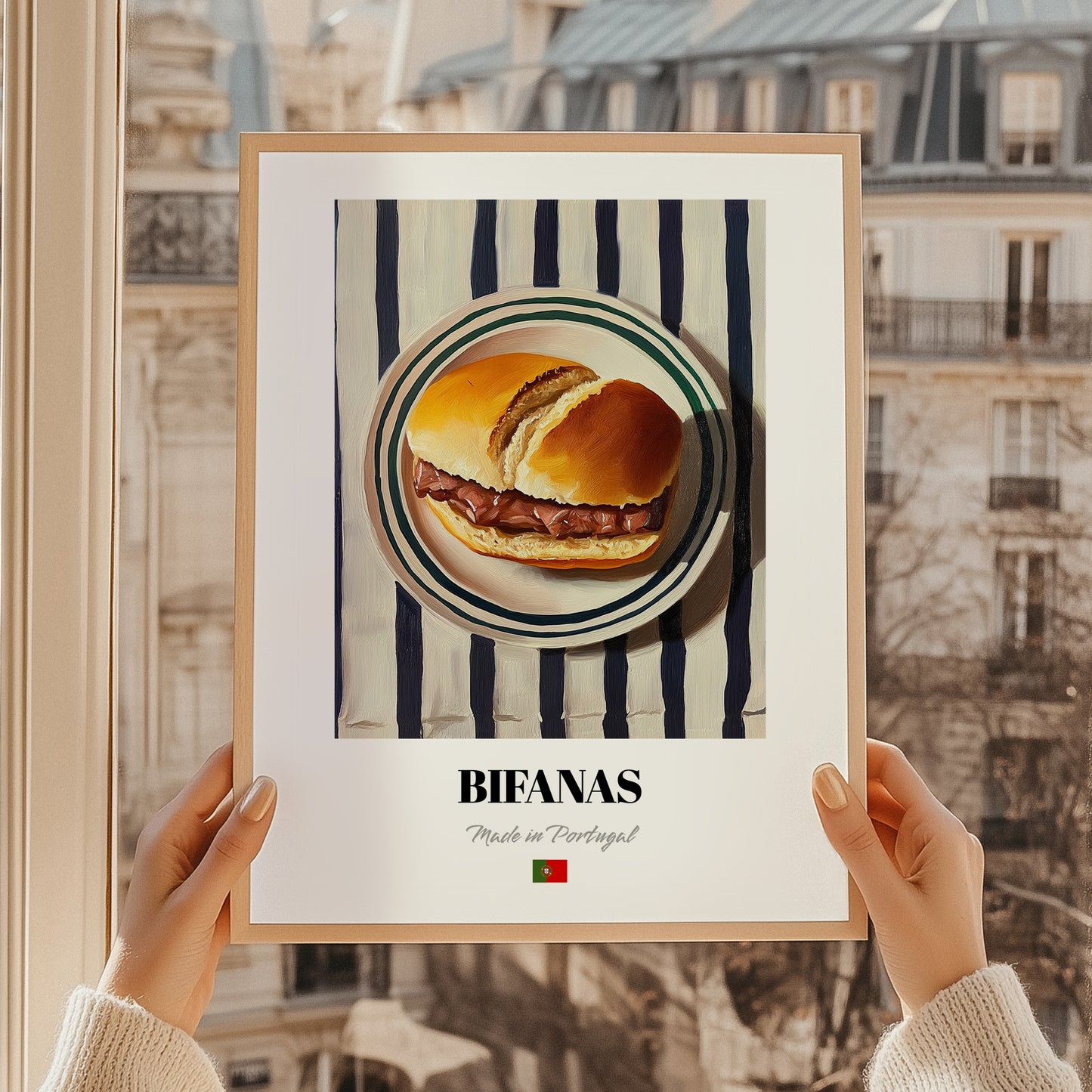 Bifanas – on Striped Tablecloth, Portuguese Food Illustration, styled in a charming Paris street view