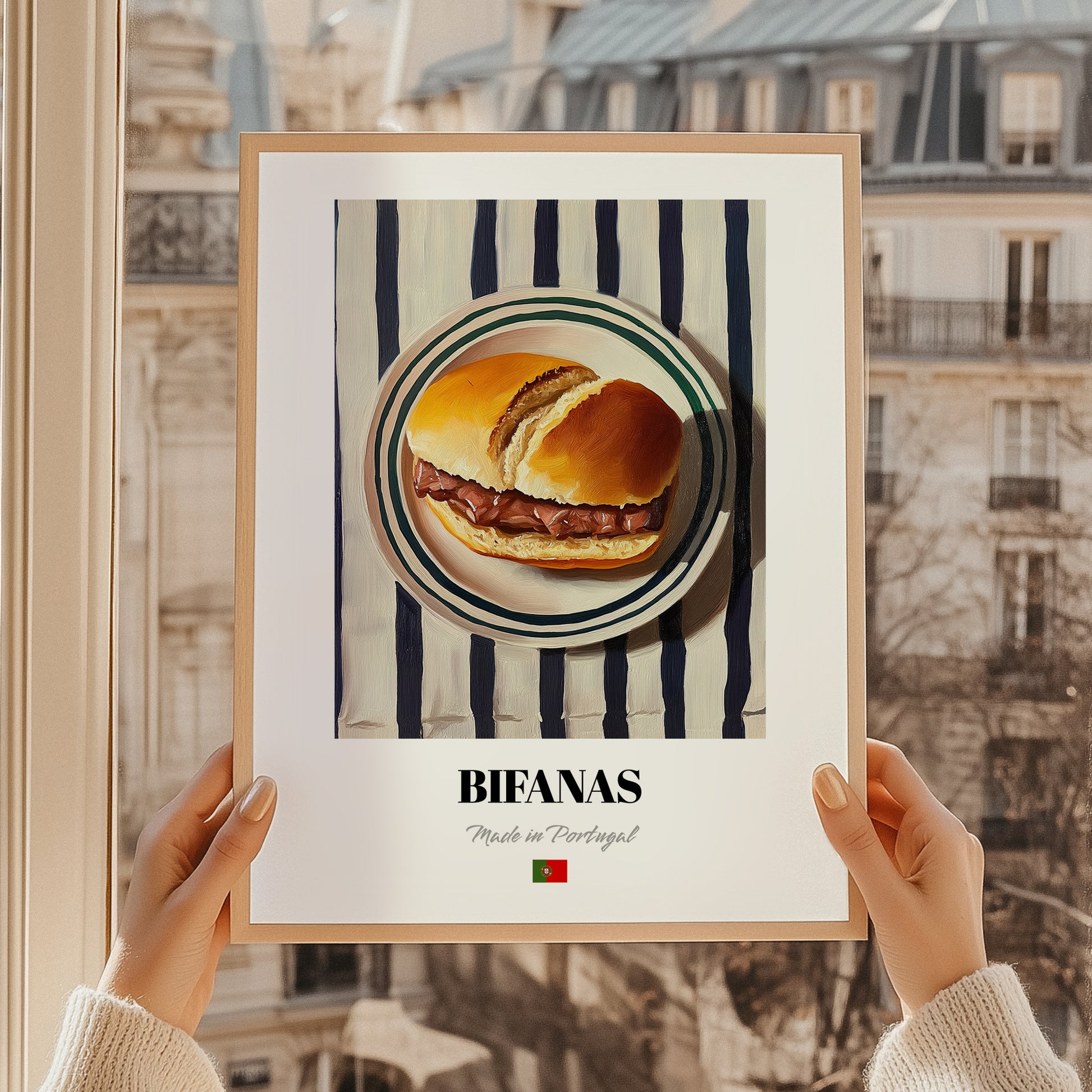 Bifanas – on Striped Tablecloth, Portuguese Food Illustration, styled in a charming Paris street view