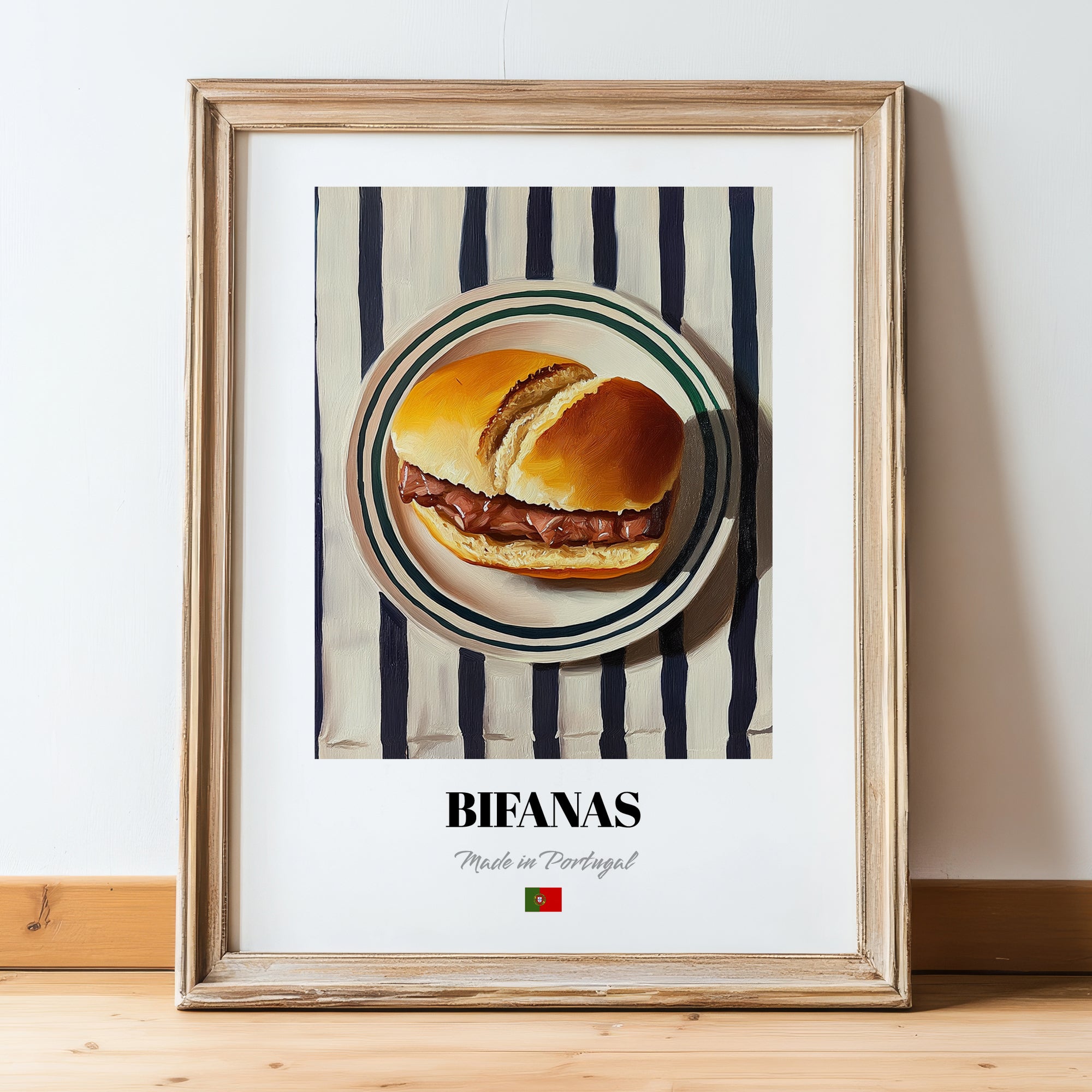 Bifanas – on Striped Tablecloth, Portuguese Food Illustration, in wooden frame leaning on the floor
