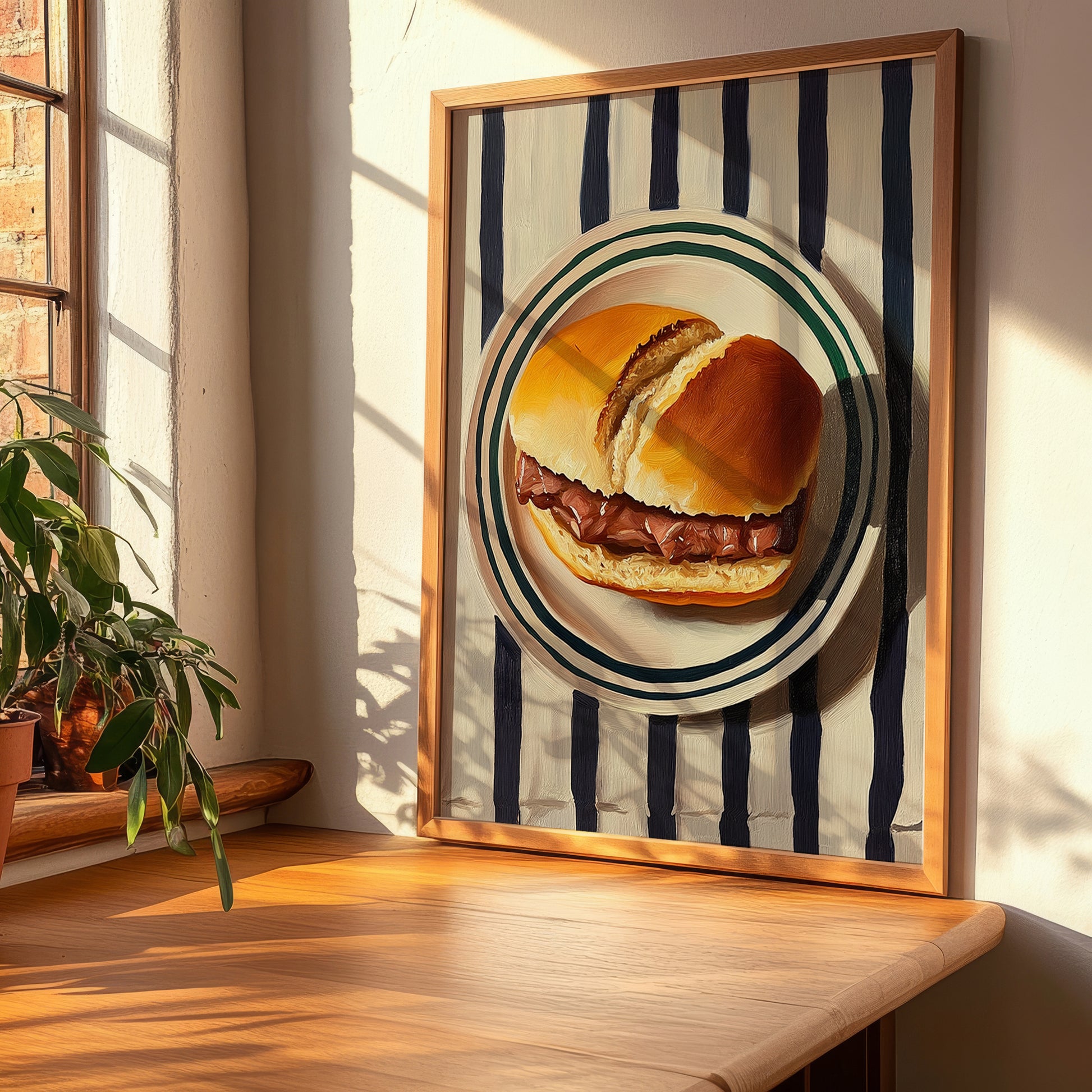 Bifanas – on Striped Tablecloth, Portuguese Food Illustration, clean layout with no caption