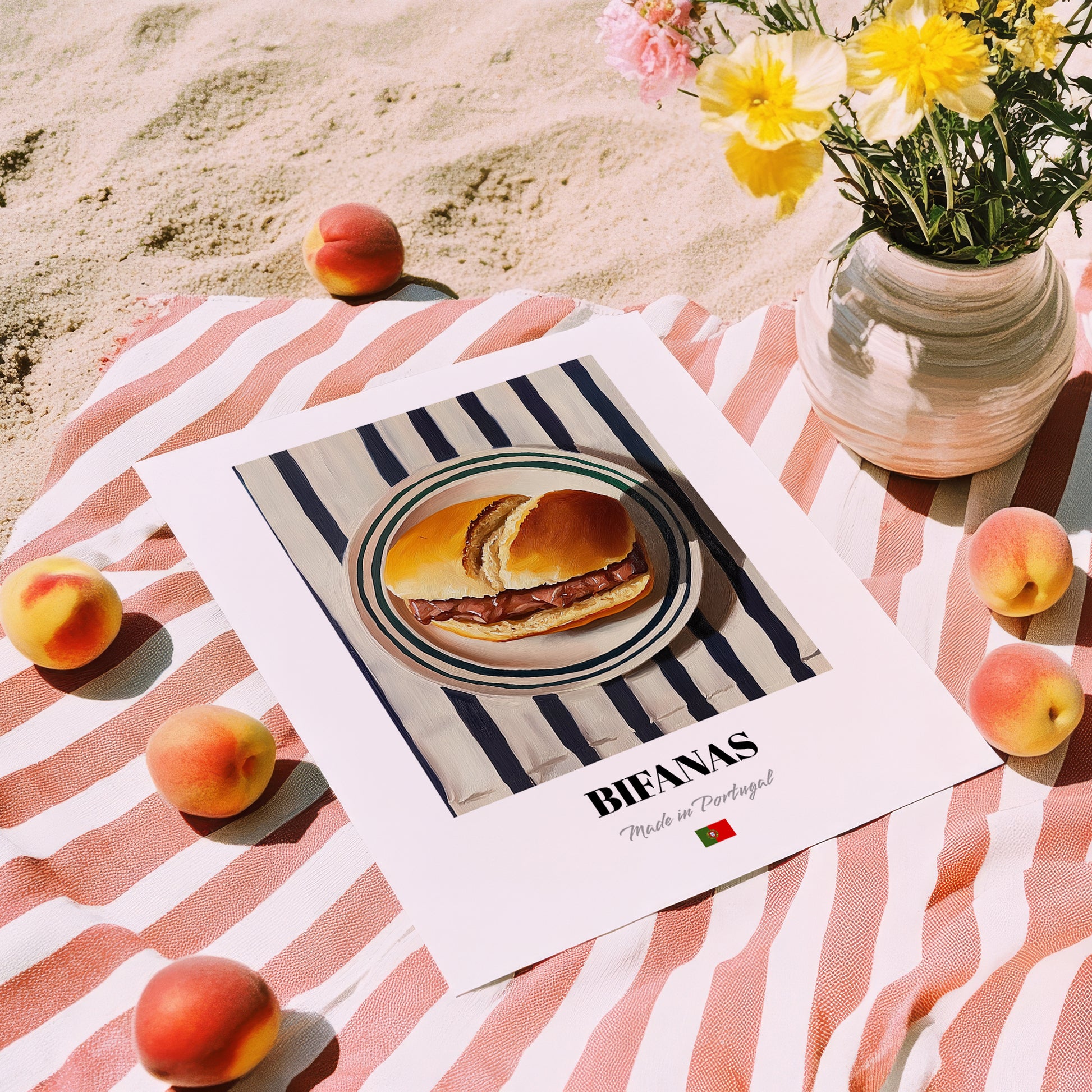 Bifanas – on Striped Tablecloth, Portuguese Food Illustration, unframed on coastal sand