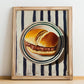 Bifanas – on Striped Tablecloth, Portuguese Food Illustration, no-text version framed in wood