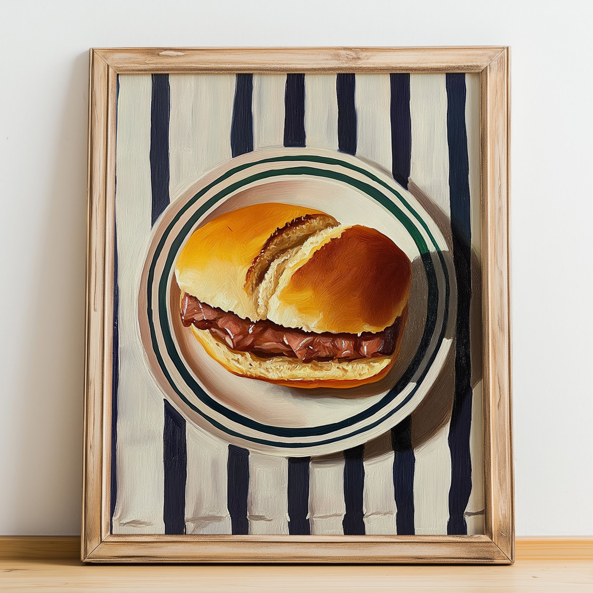 Bifanas – on Striped Tablecloth, Portuguese Food Illustration, no-text version framed in wood