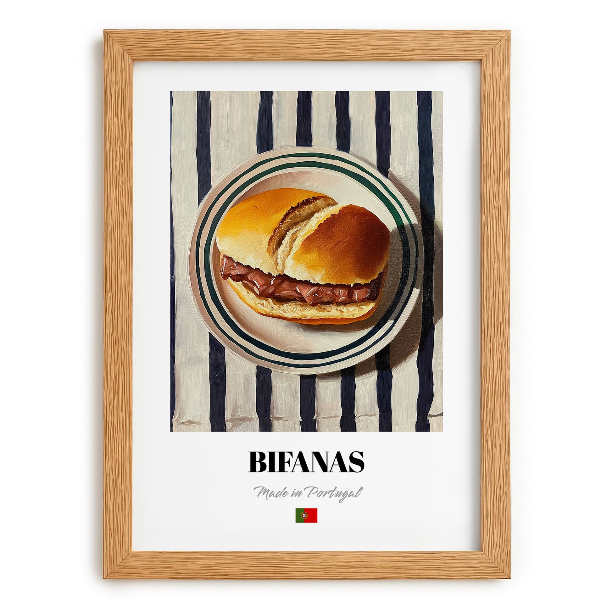Bifanas – on Striped Tablecloth, Portuguese Food Illustration, set in oak frame