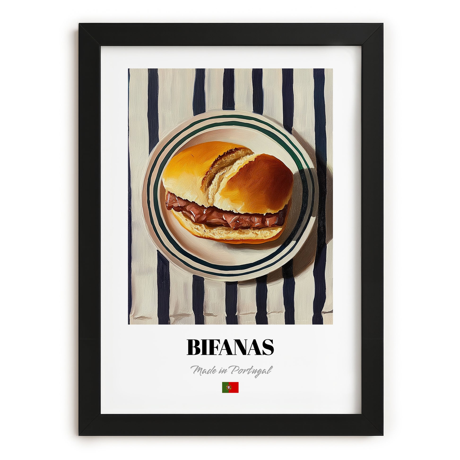 Bifanas – on Striped Tablecloth, Portuguese Food Illustration, in sleek black frame