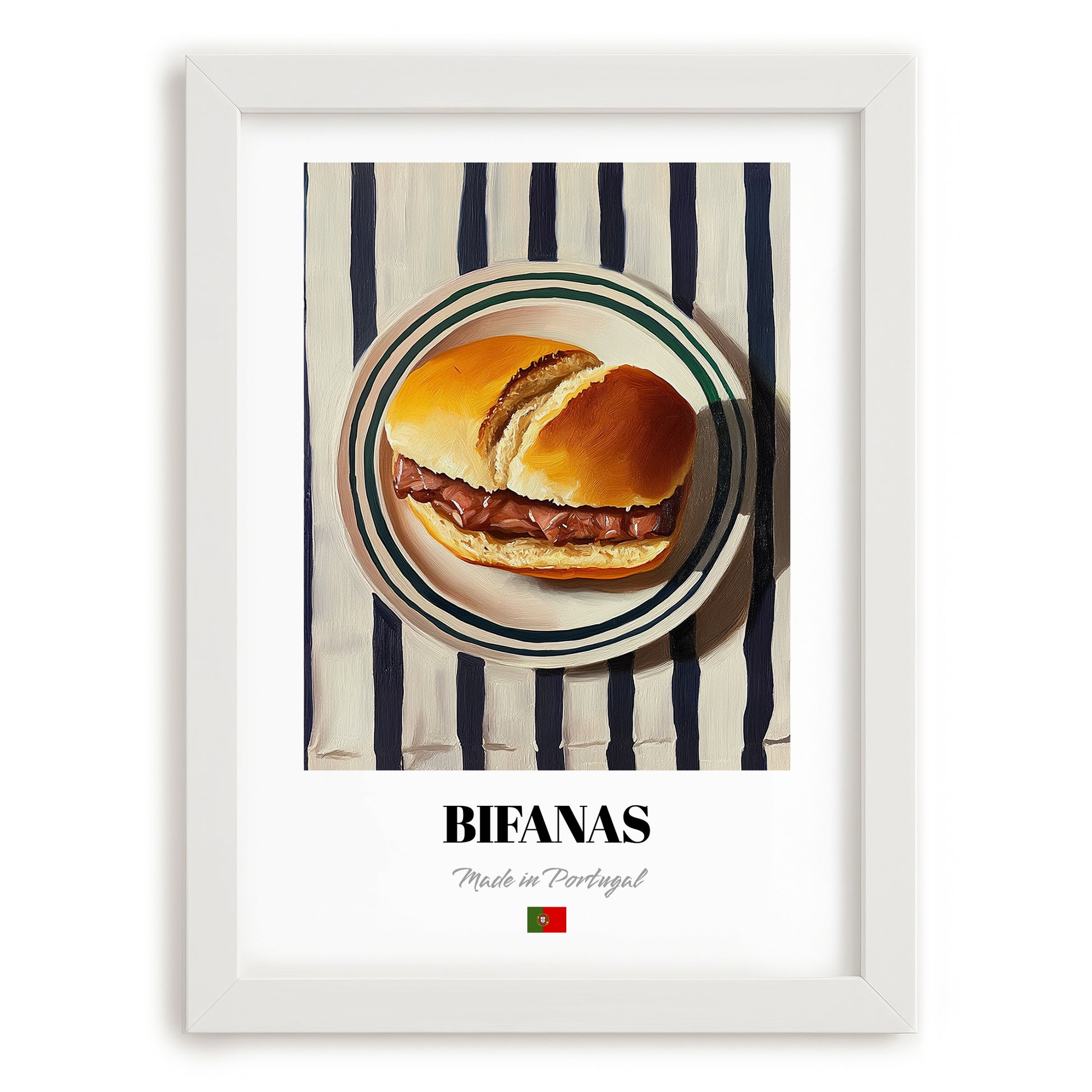 Bifanas – on Striped Tablecloth, Portuguese Food Illustration, placed in minimal white frame