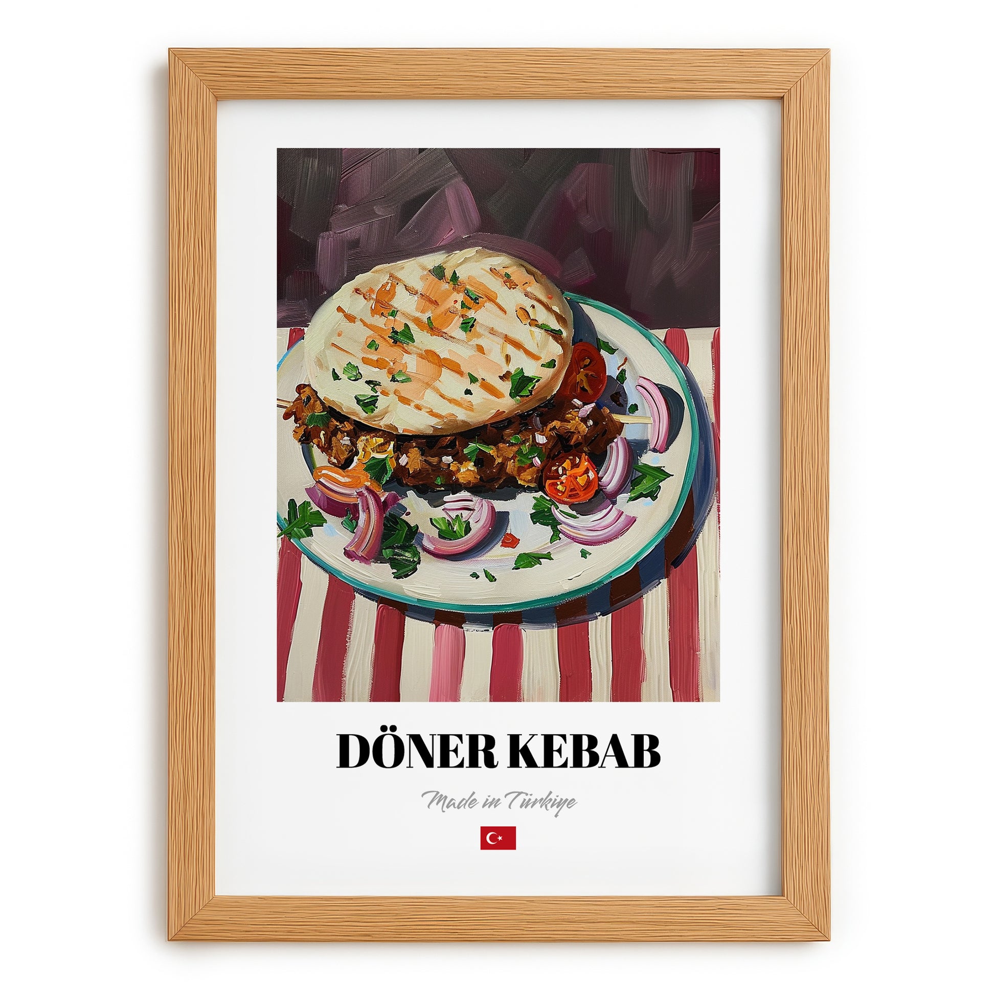 Döner Kebab – on Striped Tablecloth, Turkish Food Painting, set in oak frame