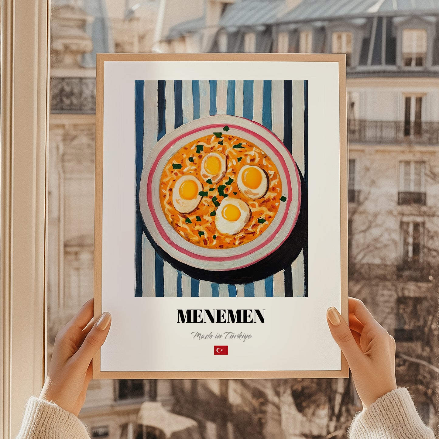 Menemen – on Striped Tablecloth, Turkish Food Wall Decor, styled in a charming Paris street view