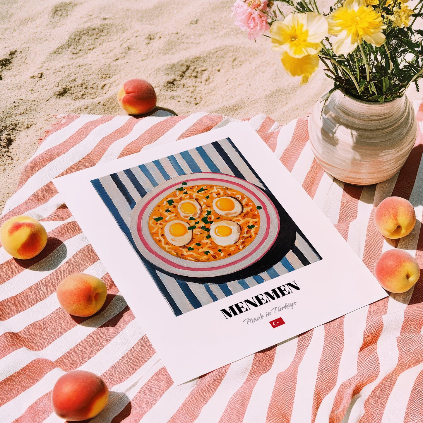 Menemen – on Striped Tablecloth, Turkish Food Wall Decor, unframed on coastal sand
