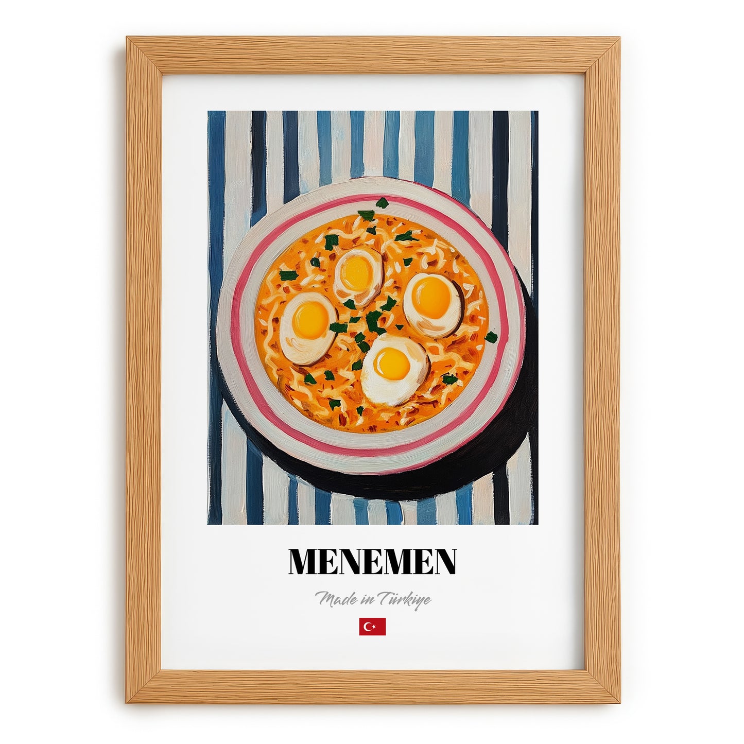 Menemen – on Striped Tablecloth, Turkish Food Wall Decor, set in oak frame