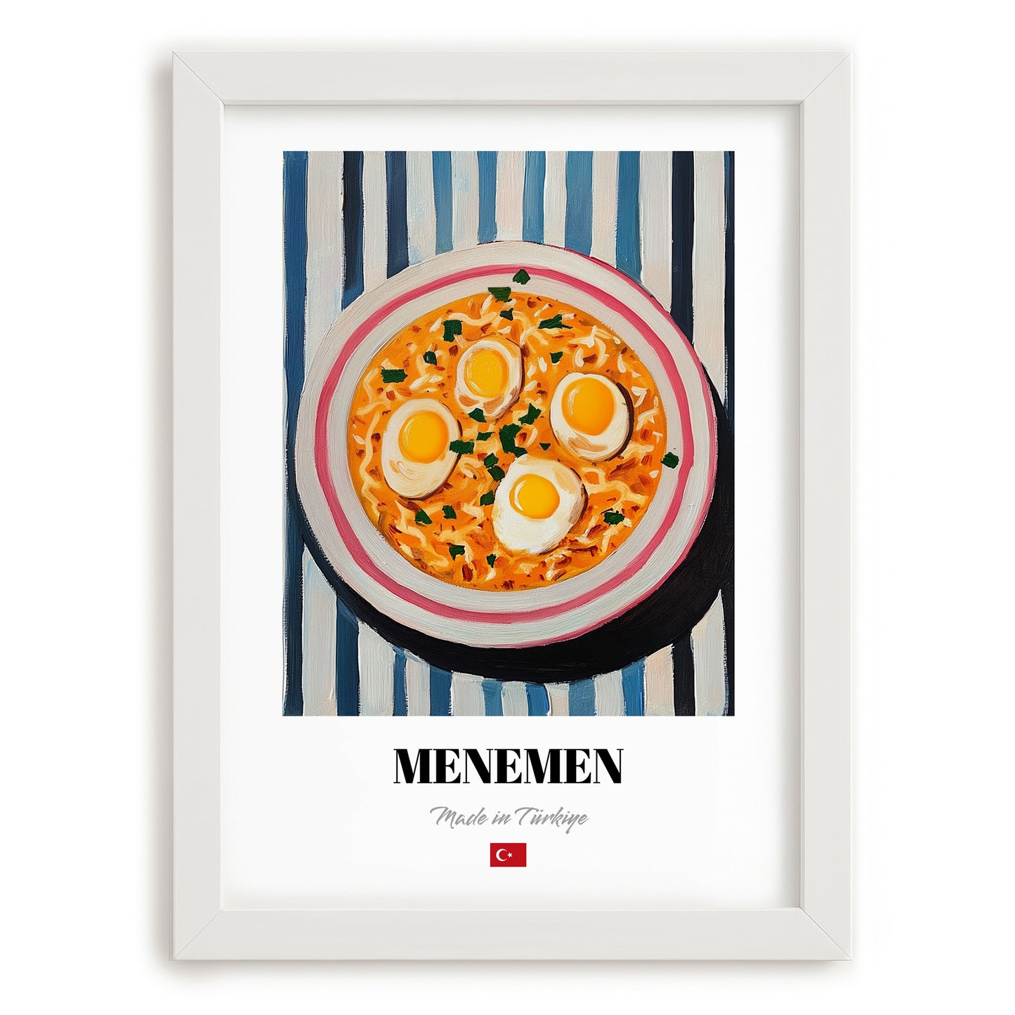 Menemen – on Striped Tablecloth, Turkish Food Wall Decor, placed in minimal white frame