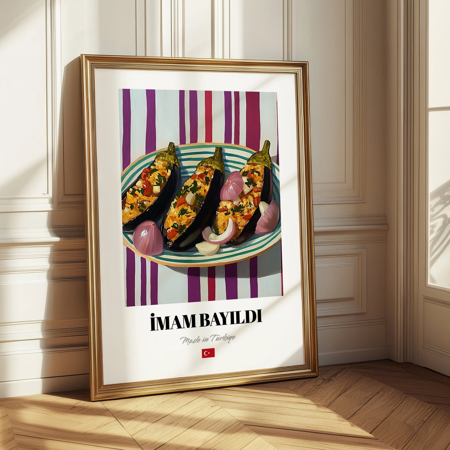 İmam Bayıldı – on Striped Tablecloth, Turkish Food Illustration