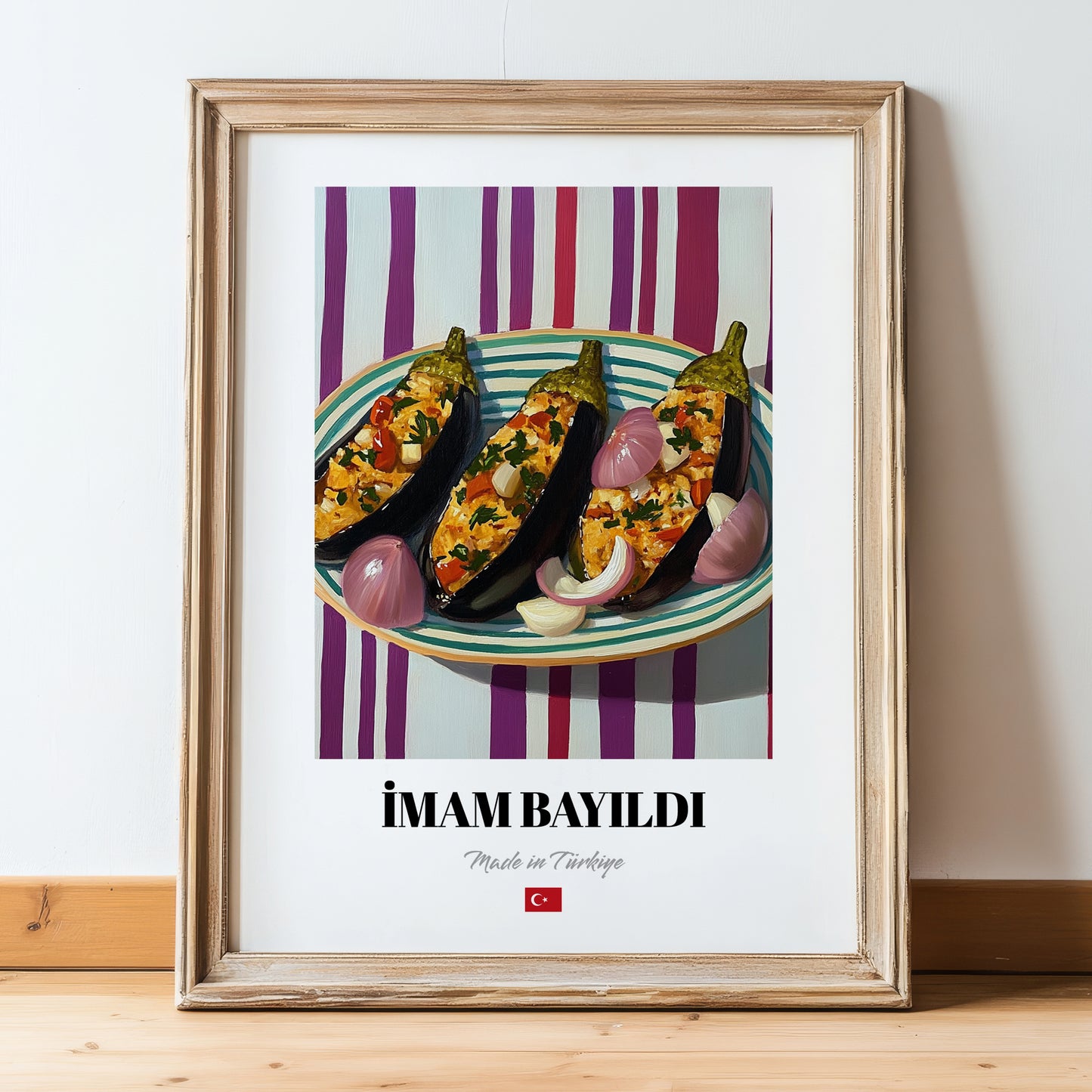 İmam Bayıldı – on Striped Tablecloth, Turkish Food Illustration, in wooden frame leaning on the floor