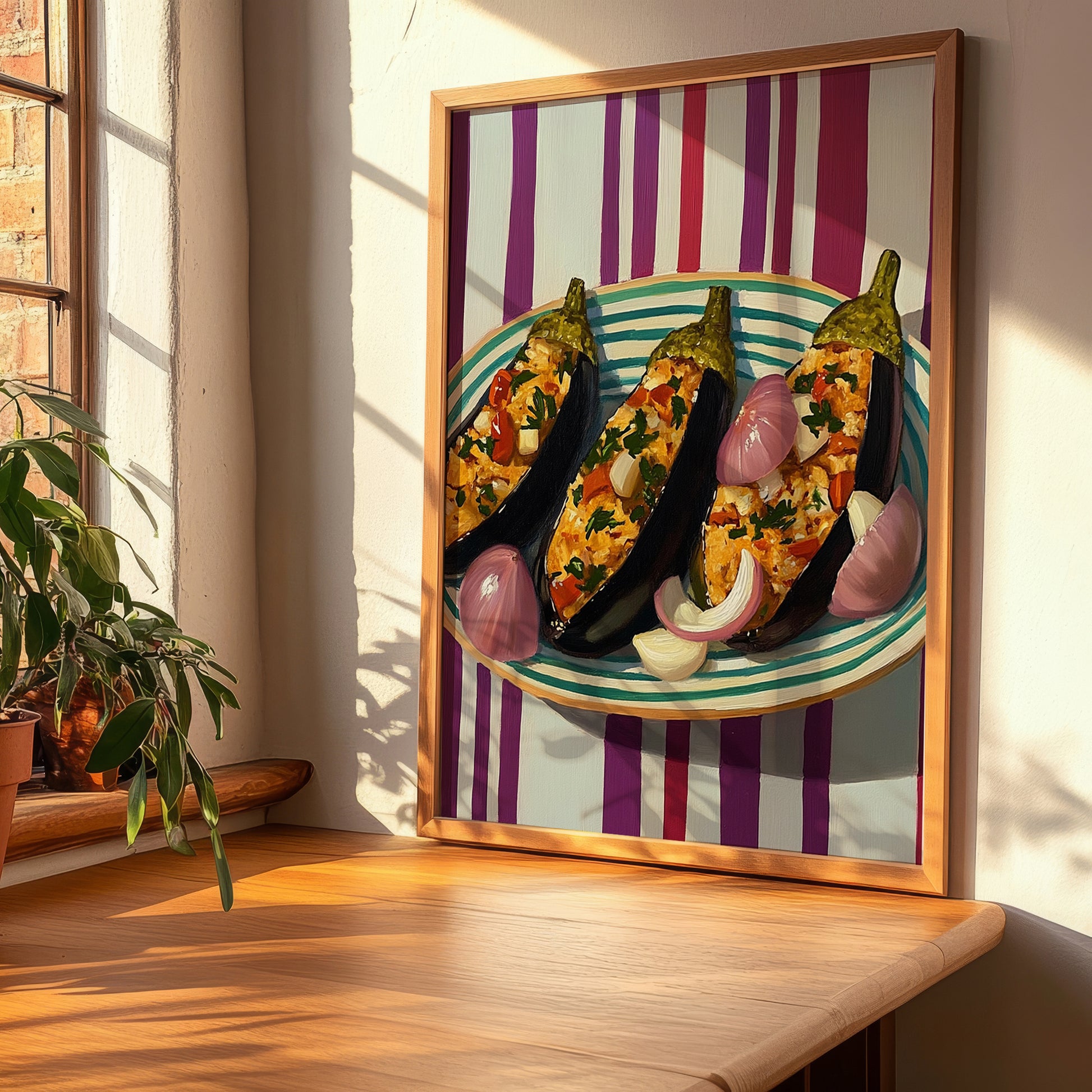 İmam Bayıldı – on Striped Tablecloth, Turkish Food Illustration, clean layout with no caption