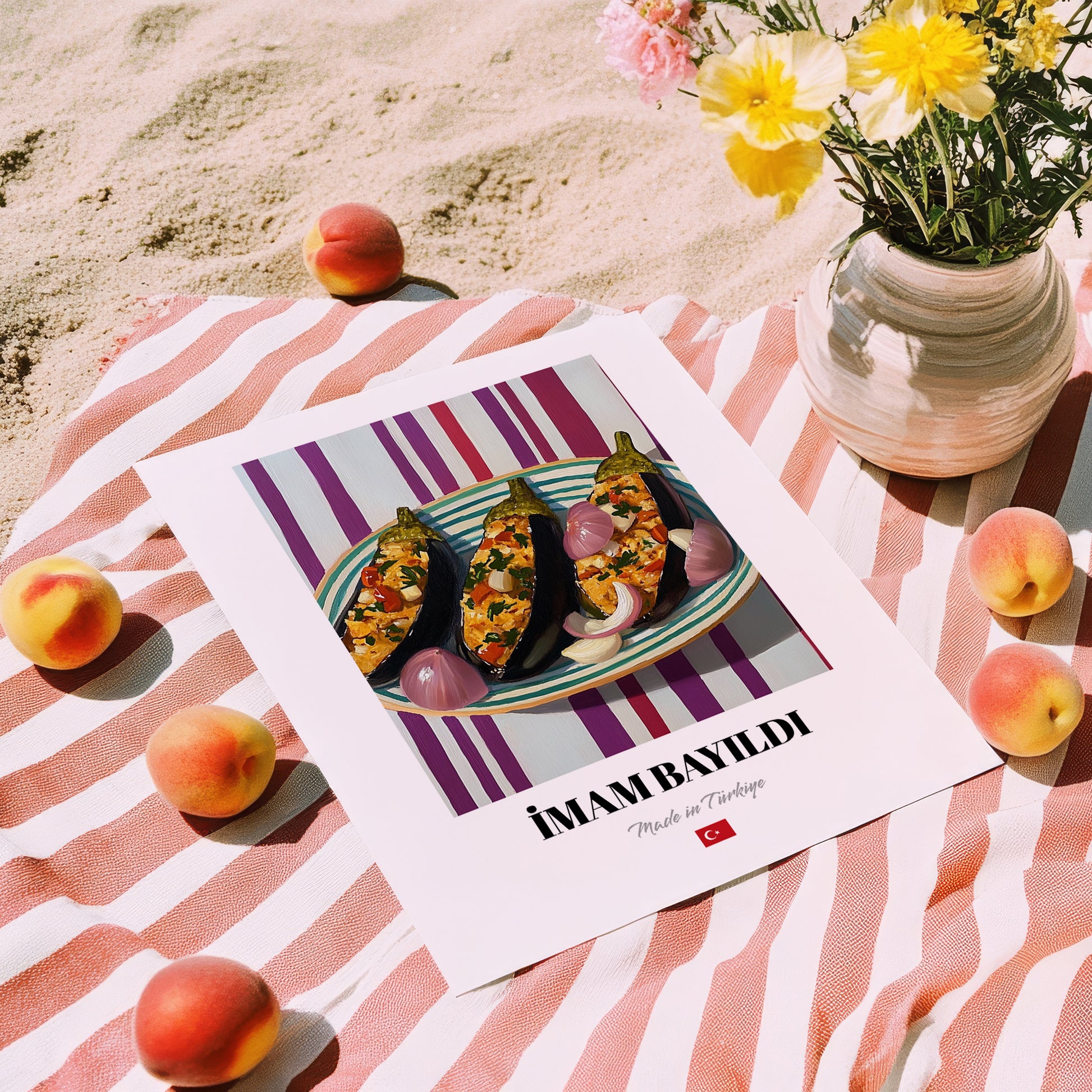 İmam Bayıldı – on Striped Tablecloth, Turkish Food Illustration, unframed on coastal sand