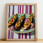 İmam Bayıldı – on Striped Tablecloth, Turkish Food Illustration, no-text version framed in wood