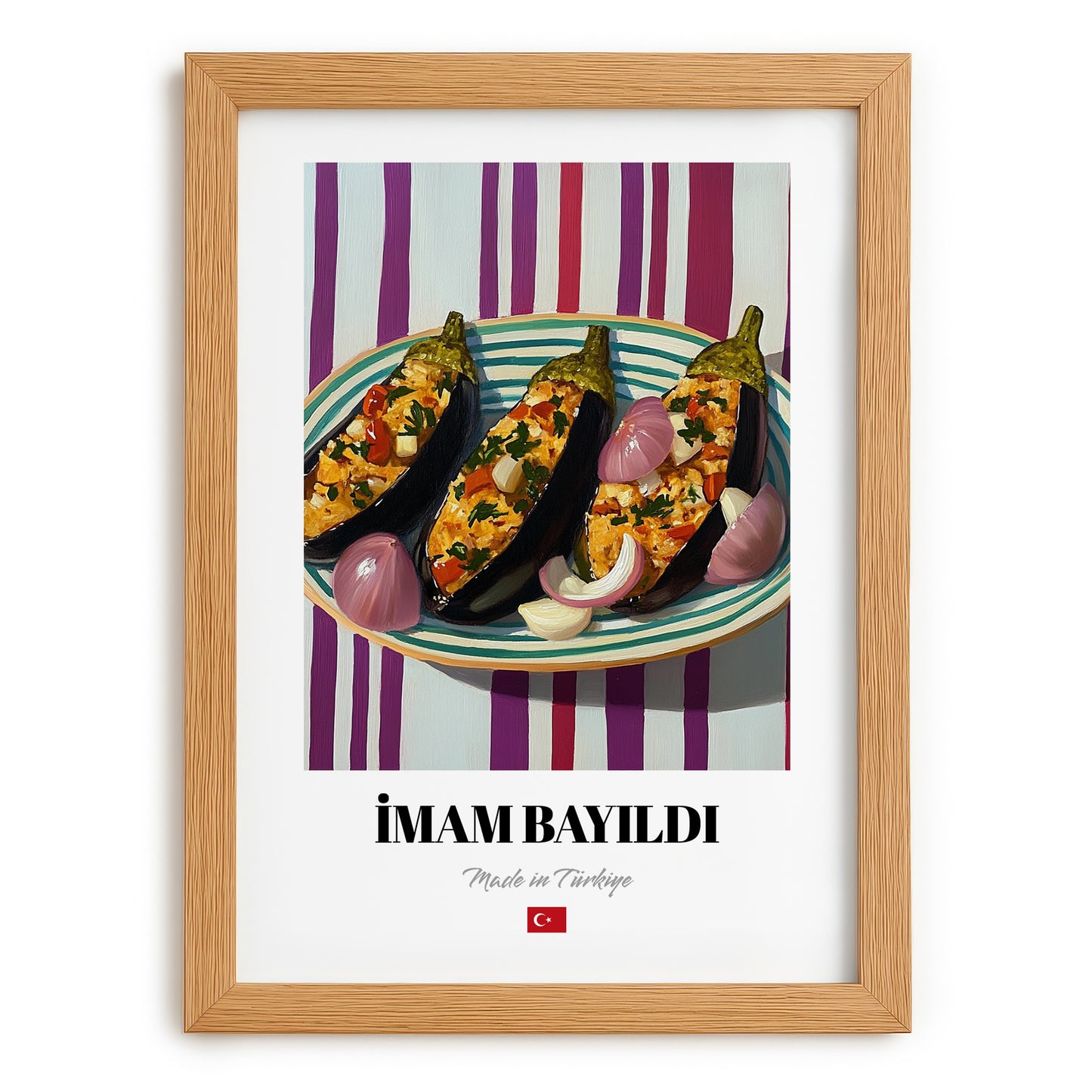 İmam Bayıldı – on Striped Tablecloth, Turkish Food Illustration, set in oak frame