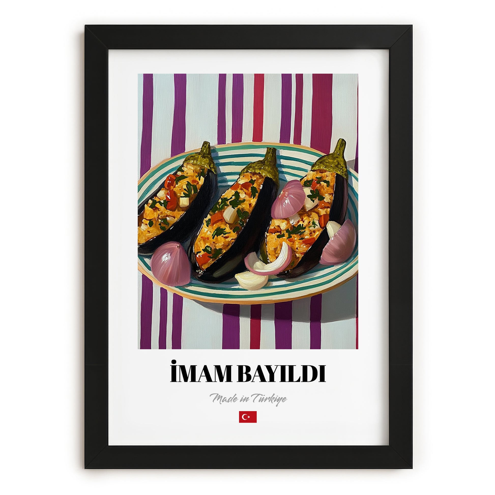 İmam Bayıldı – on Striped Tablecloth, Turkish Food Illustration, in sleek black frame