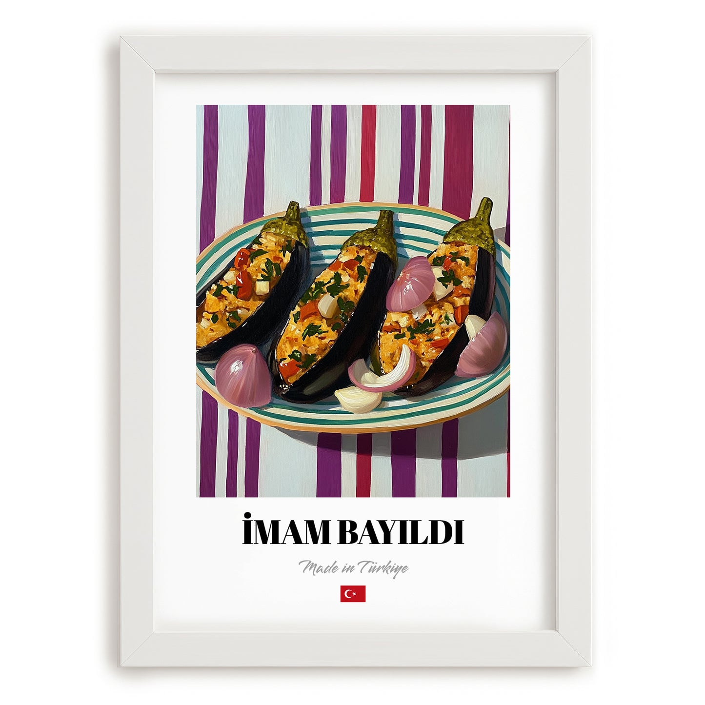İmam Bayıldı – on Striped Tablecloth, Turkish Food Illustration, placed in minimal white frame