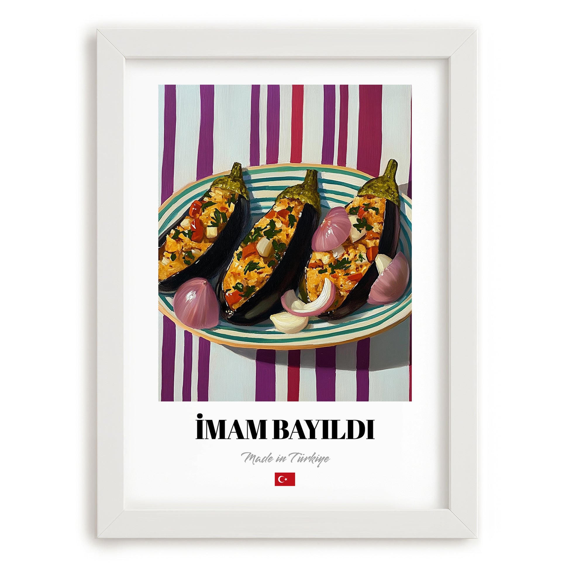 İmam Bayıldı – on Striped Tablecloth, Turkish Food Illustration, placed in minimal white frame