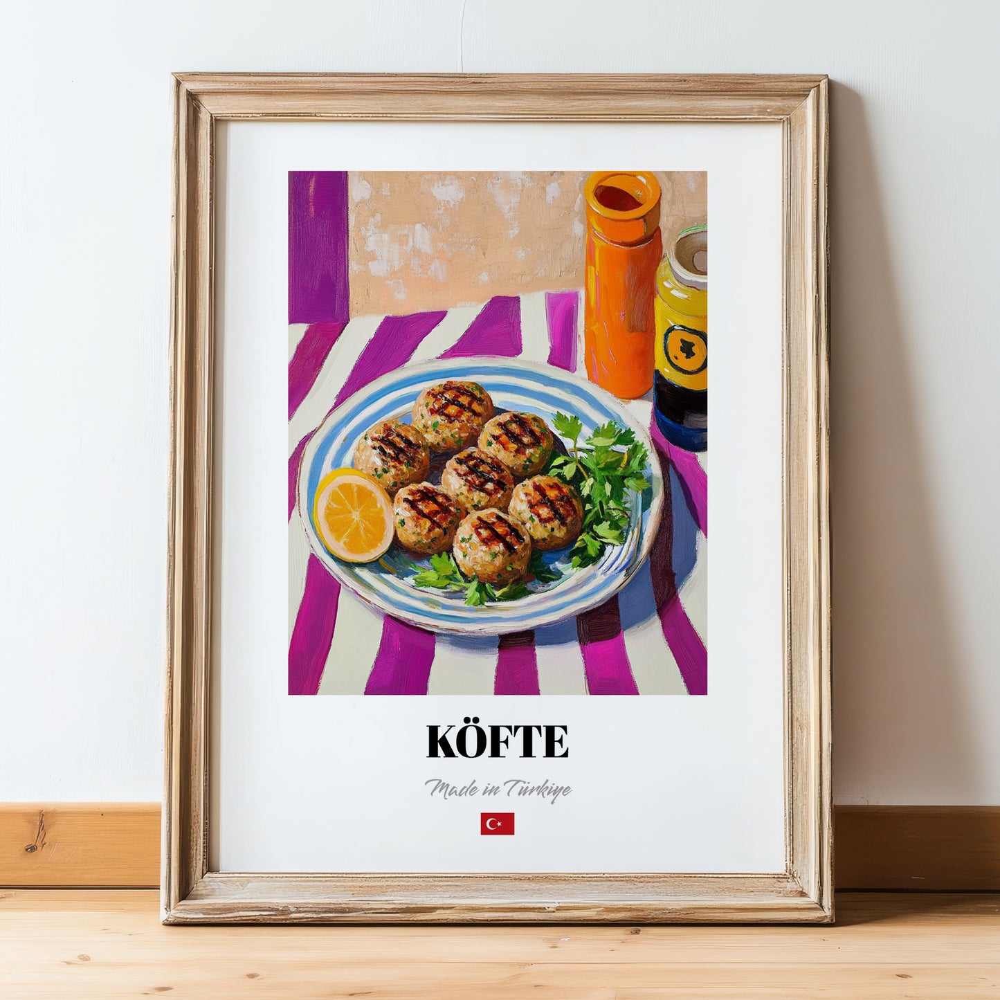 Köfte – Colorful Oil Painting, Turkish Food Painting, in wooden frame leaning on the floor