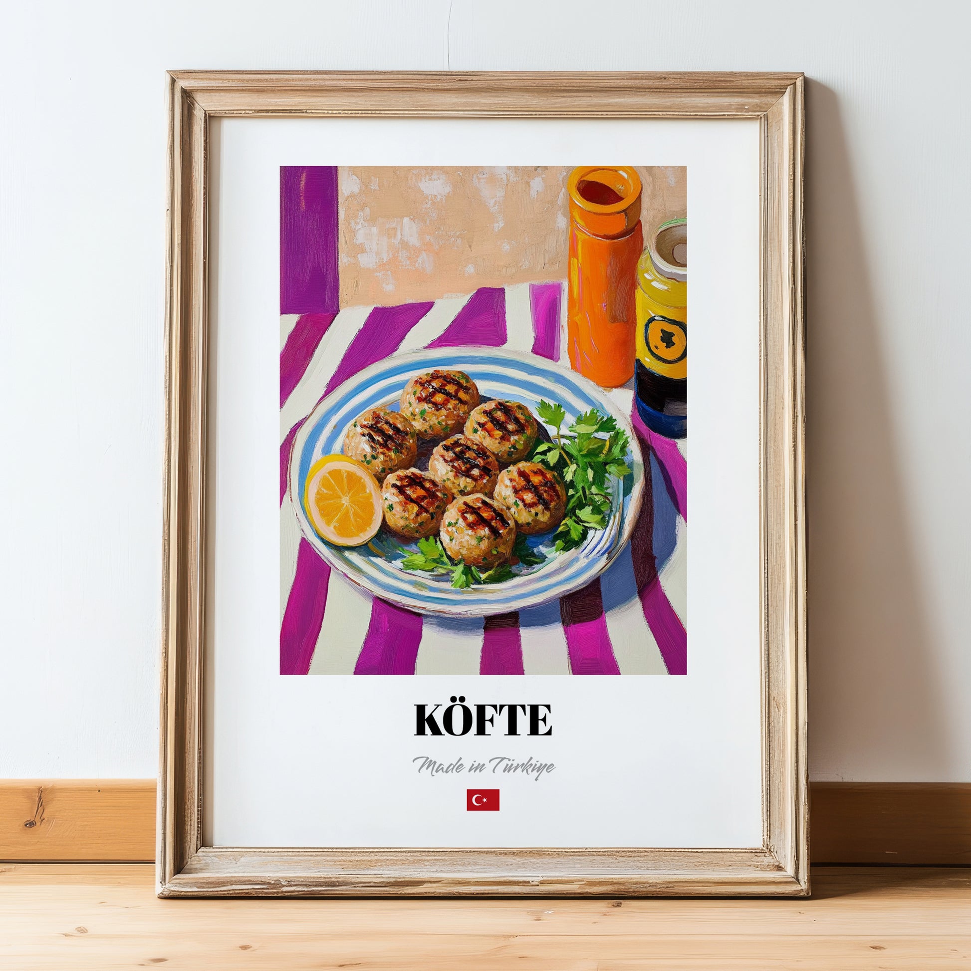 Köfte – Colorful Oil Painting, Turkish Food Painting, in wooden frame leaning on the floor