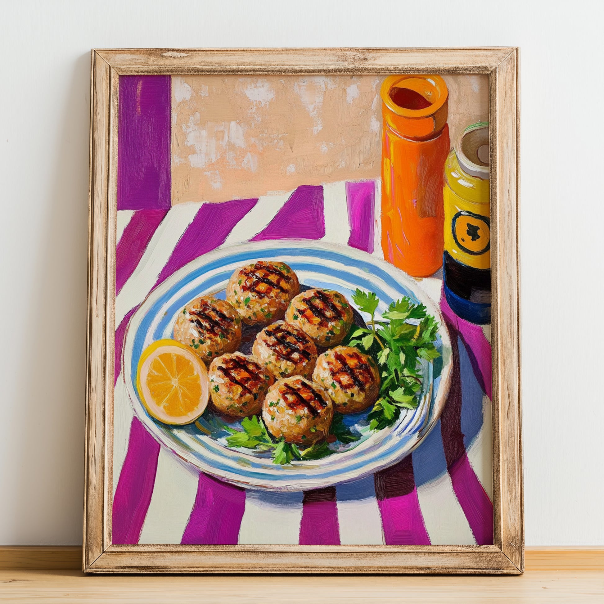 Köfte – Colorful Oil Painting, Turkish Food Painting, no-text version framed in wood