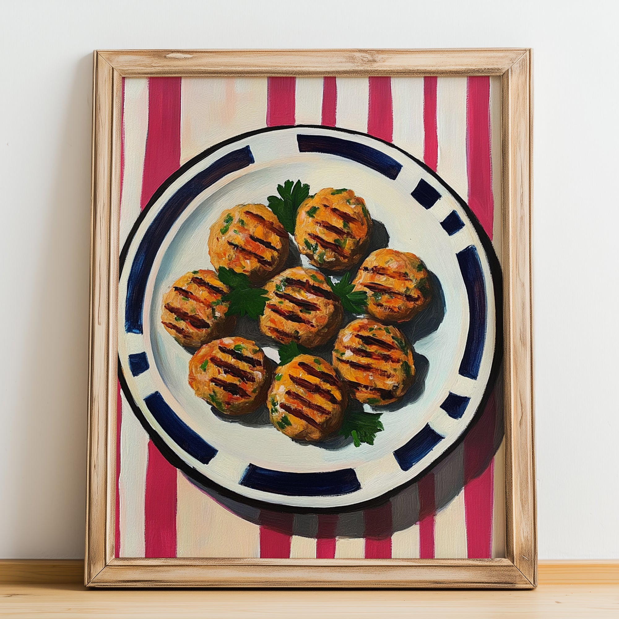 Köfte – on Striped Tablecloth, Turkish Food Wall Painting, no-text version framed in wood
