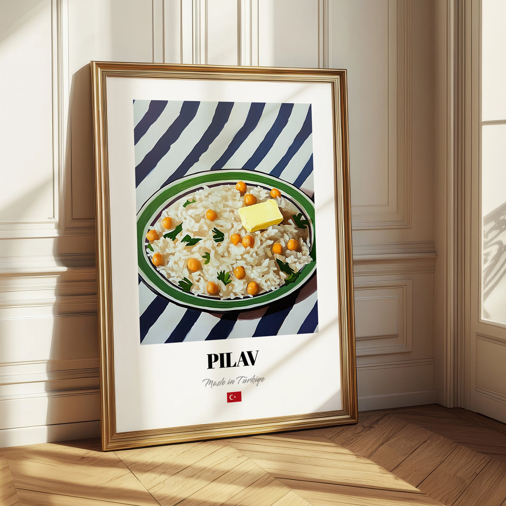 Pilav – on Striped Tablecloth, Turkish Food Print