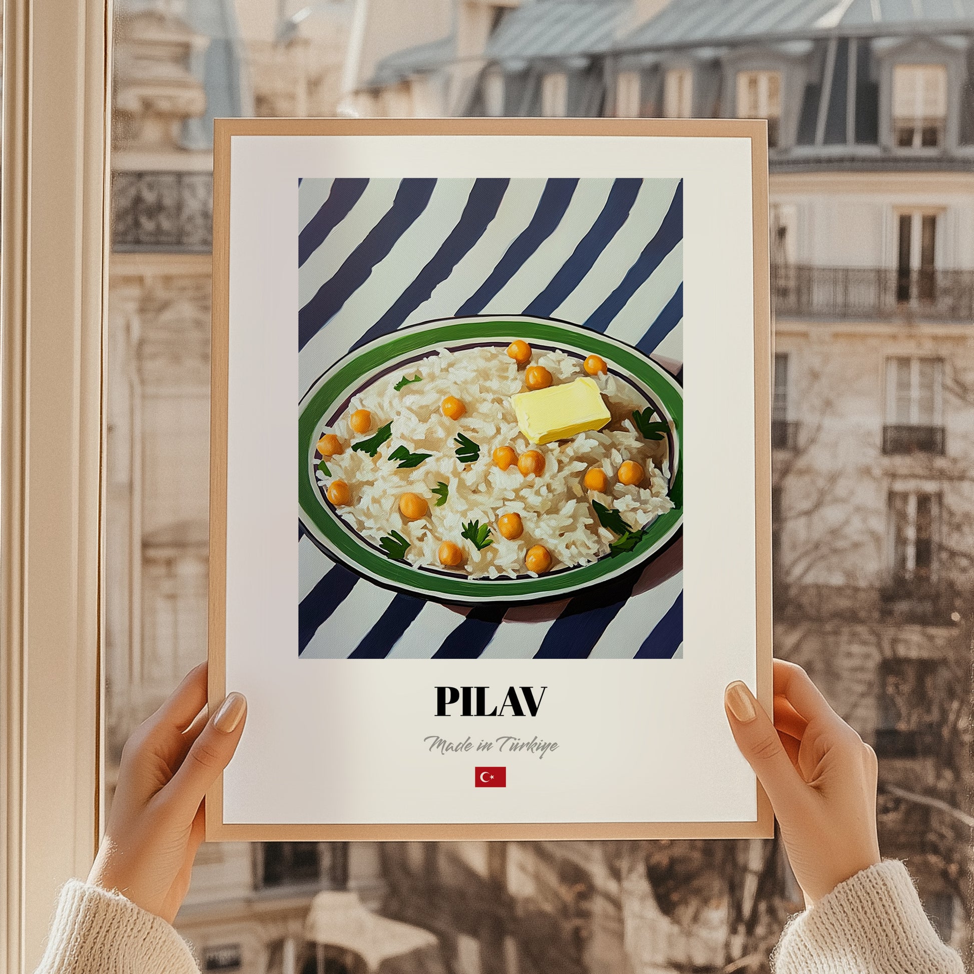 Pilav – on Striped Tablecloth, Turkish Food Print, styled in a charming Paris street view