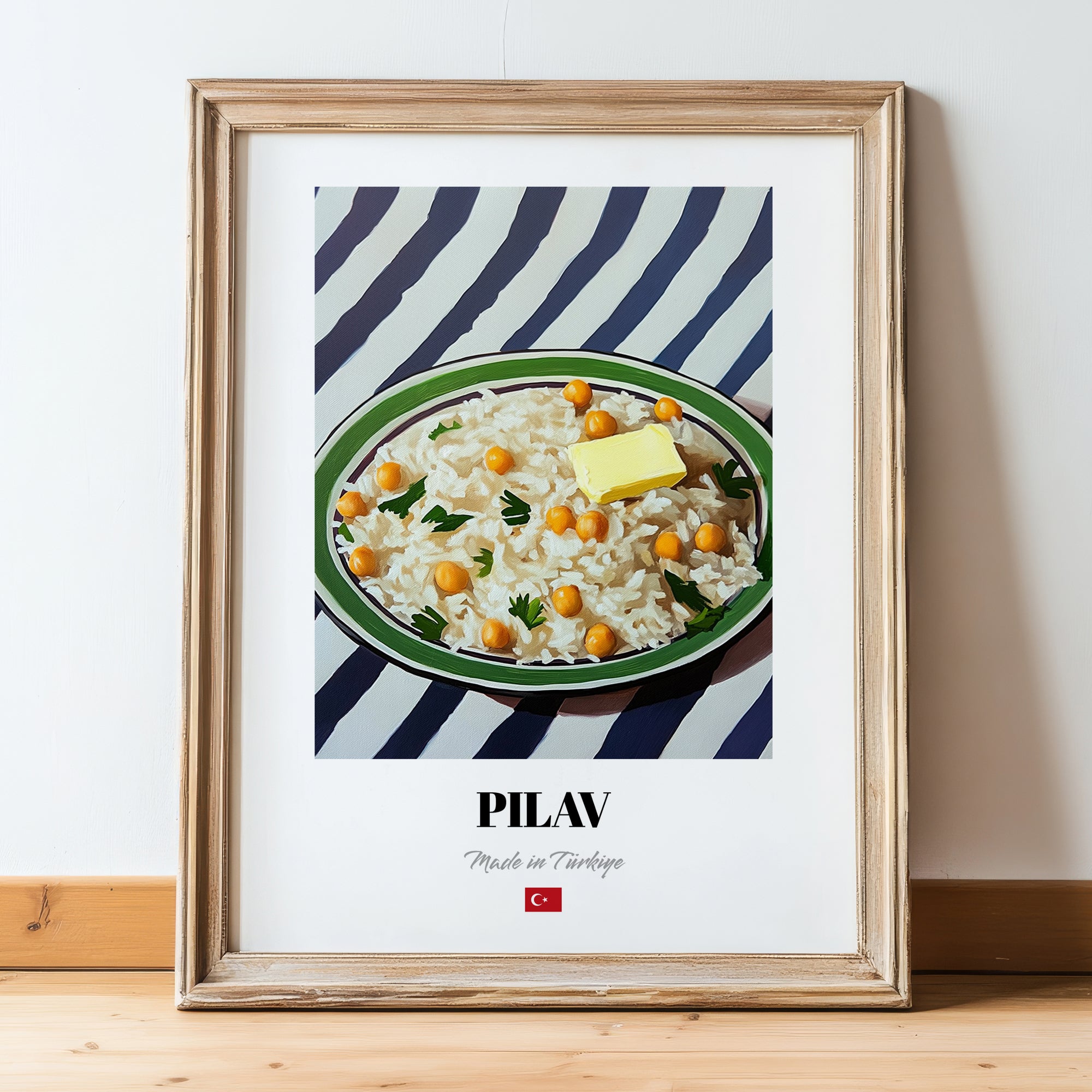 Pilav – on Striped Tablecloth, Turkish Food Print, in wooden frame leaning on the floor