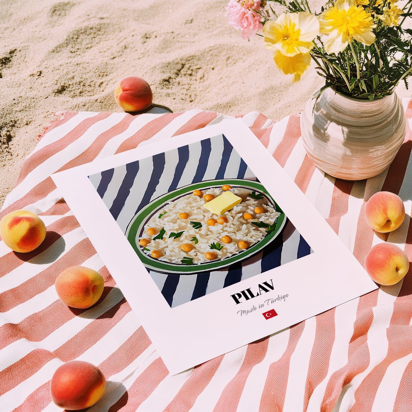 Pilav – on Striped Tablecloth, Turkish Food Print, unframed on coastal sand