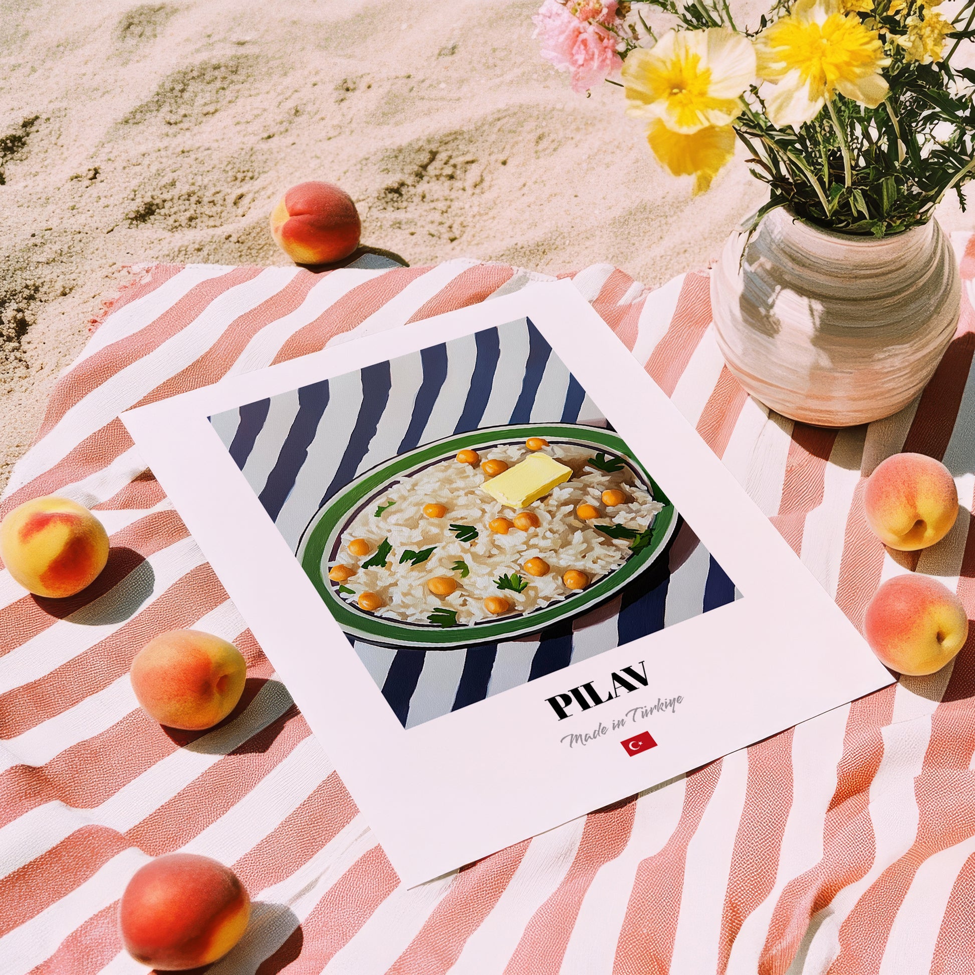 Pilav – on Striped Tablecloth, Turkish Food Print, unframed on coastal sand